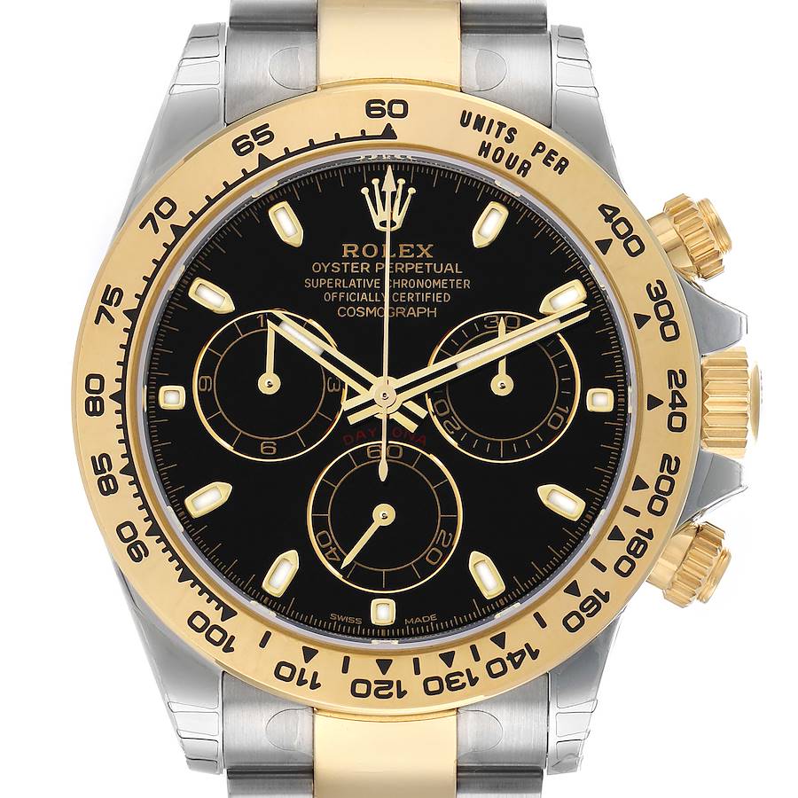 The Rolex Daytona 116503 Men's Steel and Gold (two tone) Black Dial is shown from a front angle, displaying the black dial, gold bezel, subdials, and metal bracelet.