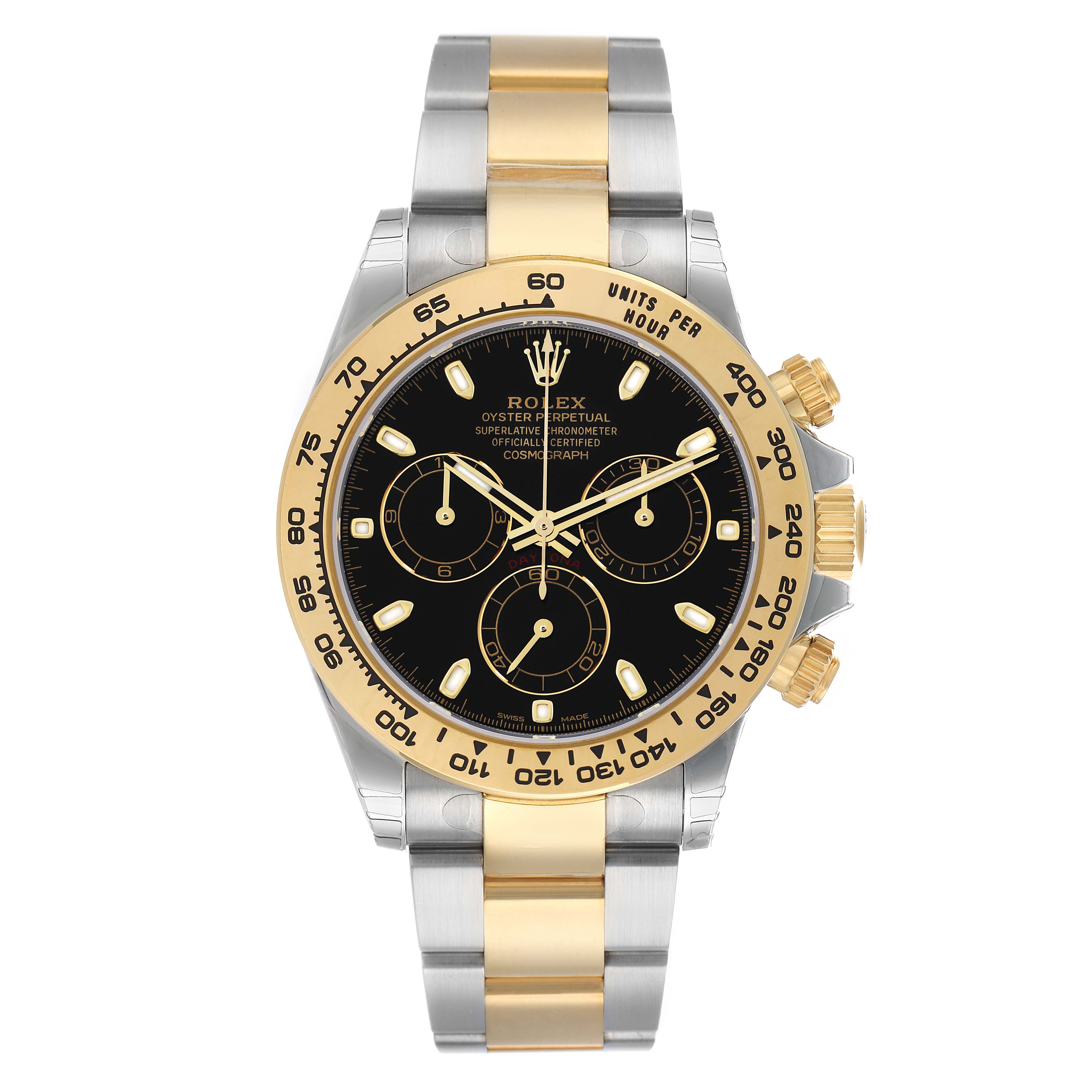 The image shows a front view of a Rolex Daytona 116503 Men
s Steel and Gold (two tone) Black Dial watch, highlighting the bezel, dial, and bracelet.