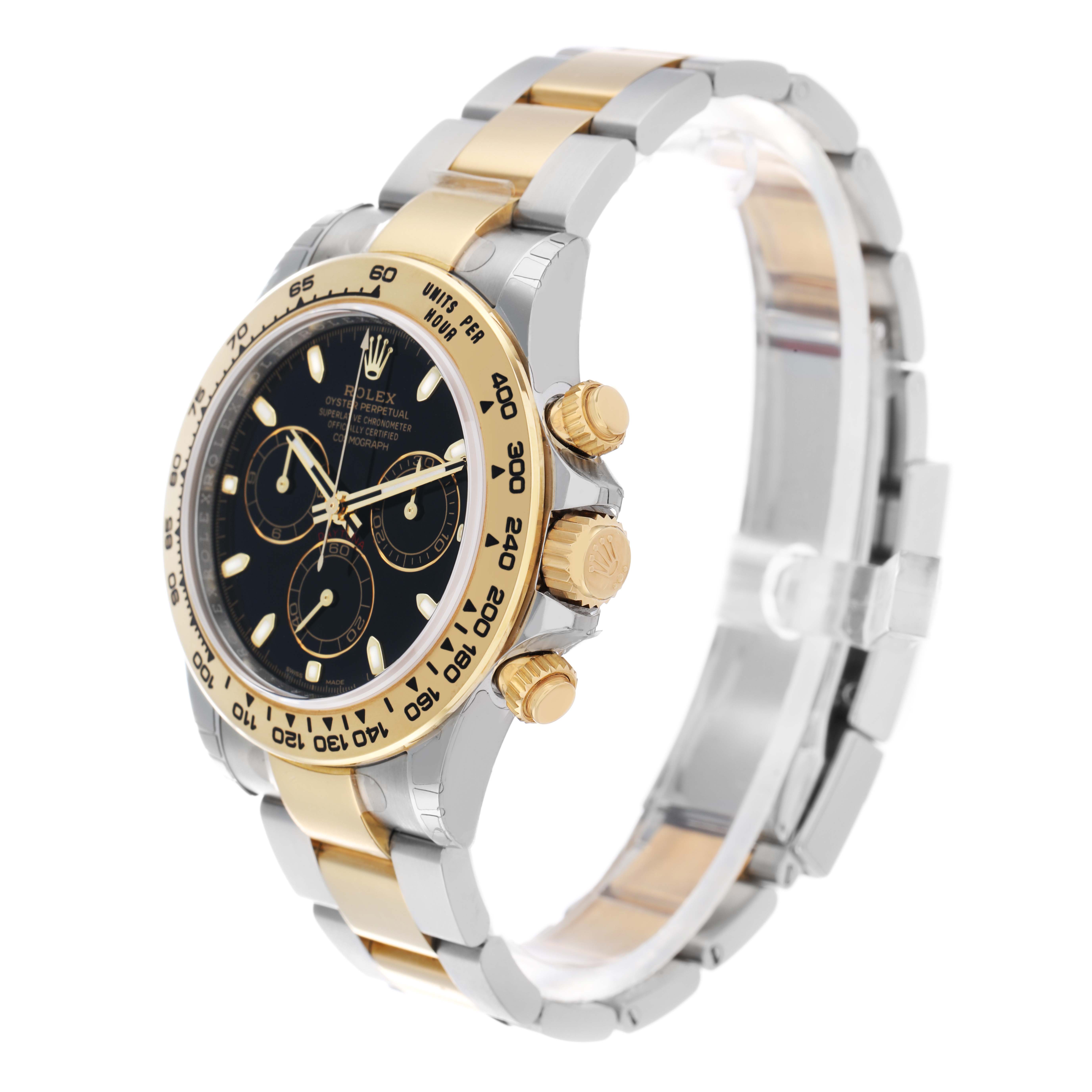 The Rolex Daytona 116503 Men
s Steel and Gold (two tone) Black Dial watch is shown at a slight side angle, highlighting its bezel, dial, crown, and bracelet.