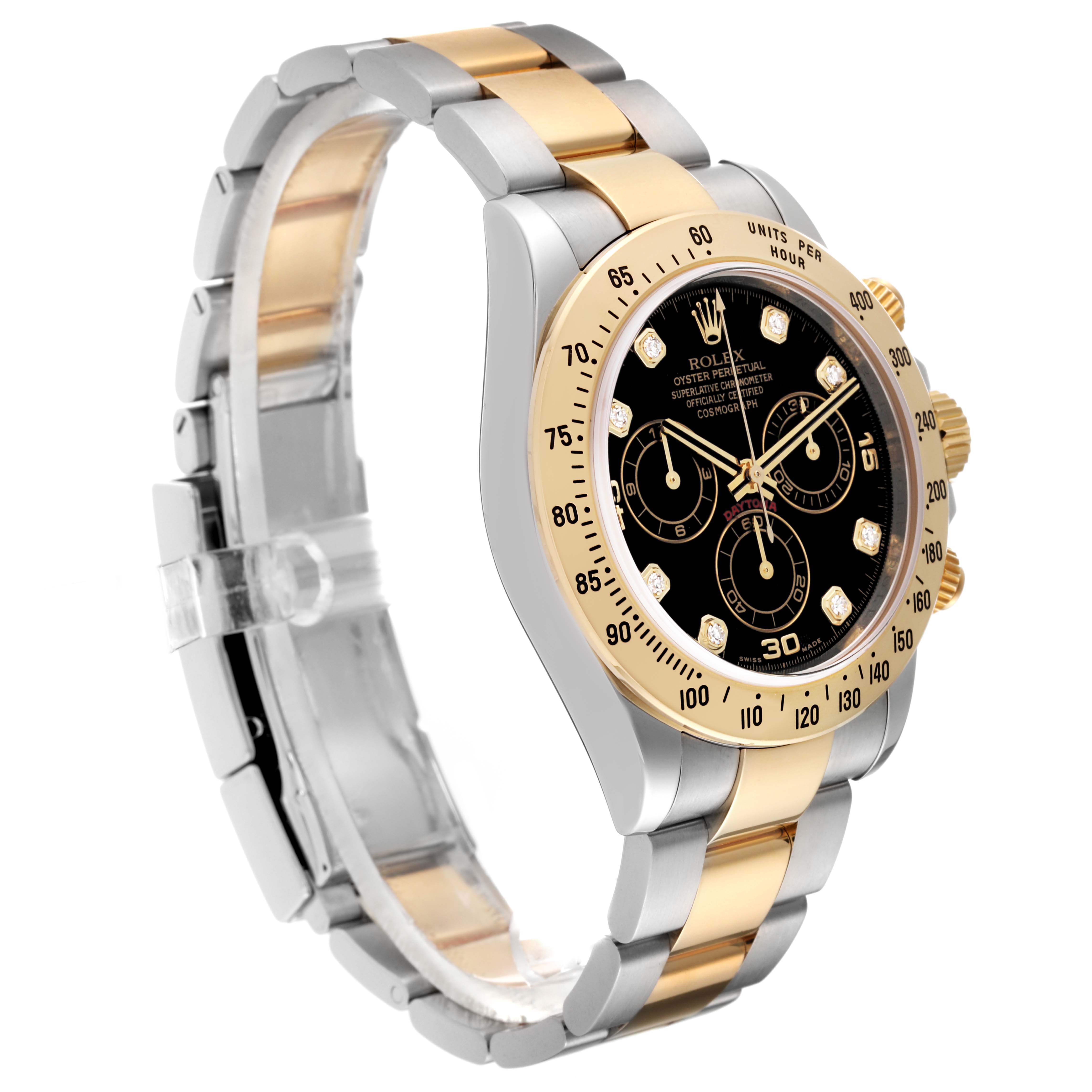This image shows a side angle of the Rolex Daytona 116523 Men
s Steel and Gold (two tone) Black Dial 116523 Men
s Steel and Gold (two tone) Black Dial watch, highlighting the bezel, dial, and bracelet.
