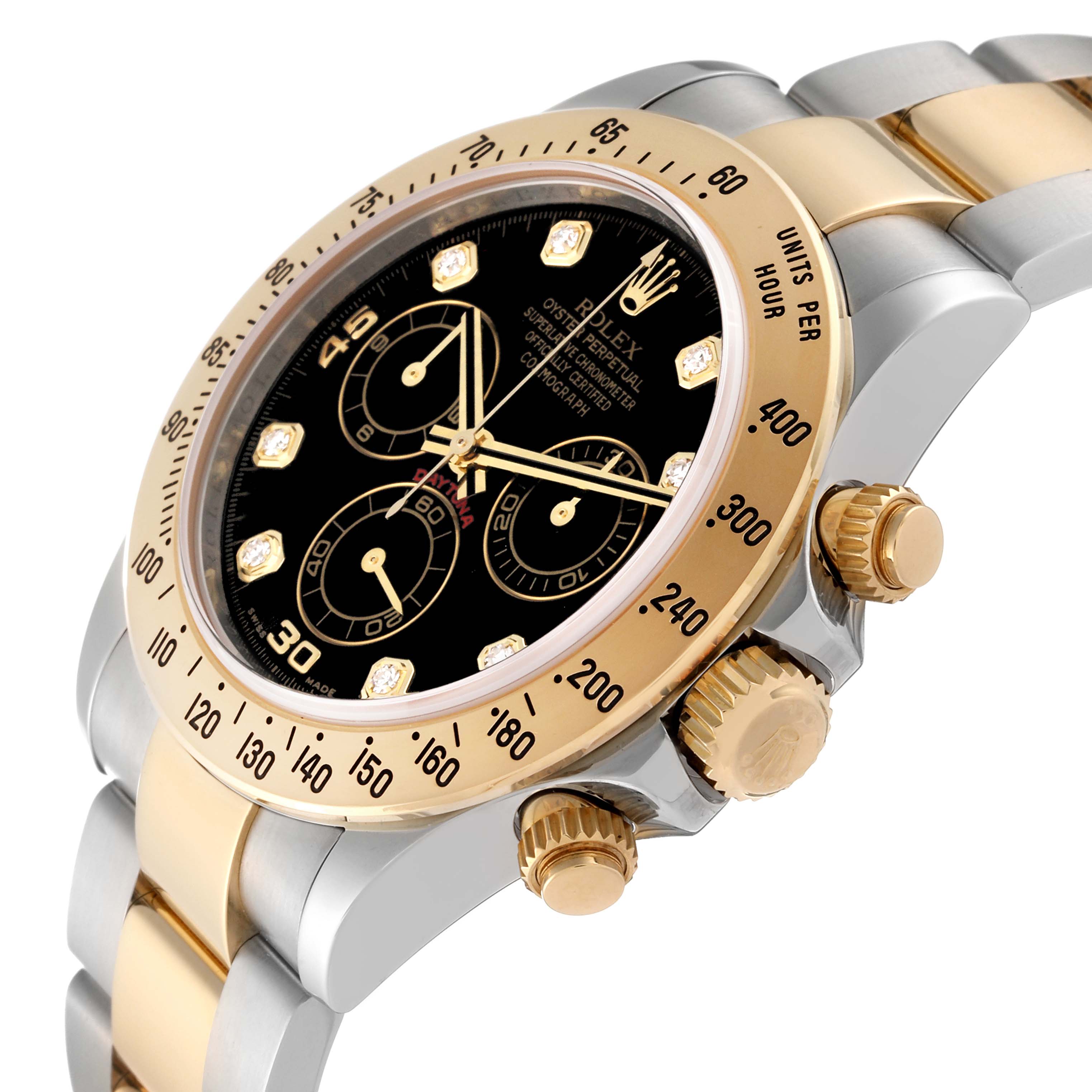 This image shows a side angle view of a Rolex Daytona 116523 Men
s Steel and Gold (two tone) Black Dial 116523 Men
s Steel and Gold (two tone) Black Dial watch, highlighting the crown, bezel, and part of the bracelet.