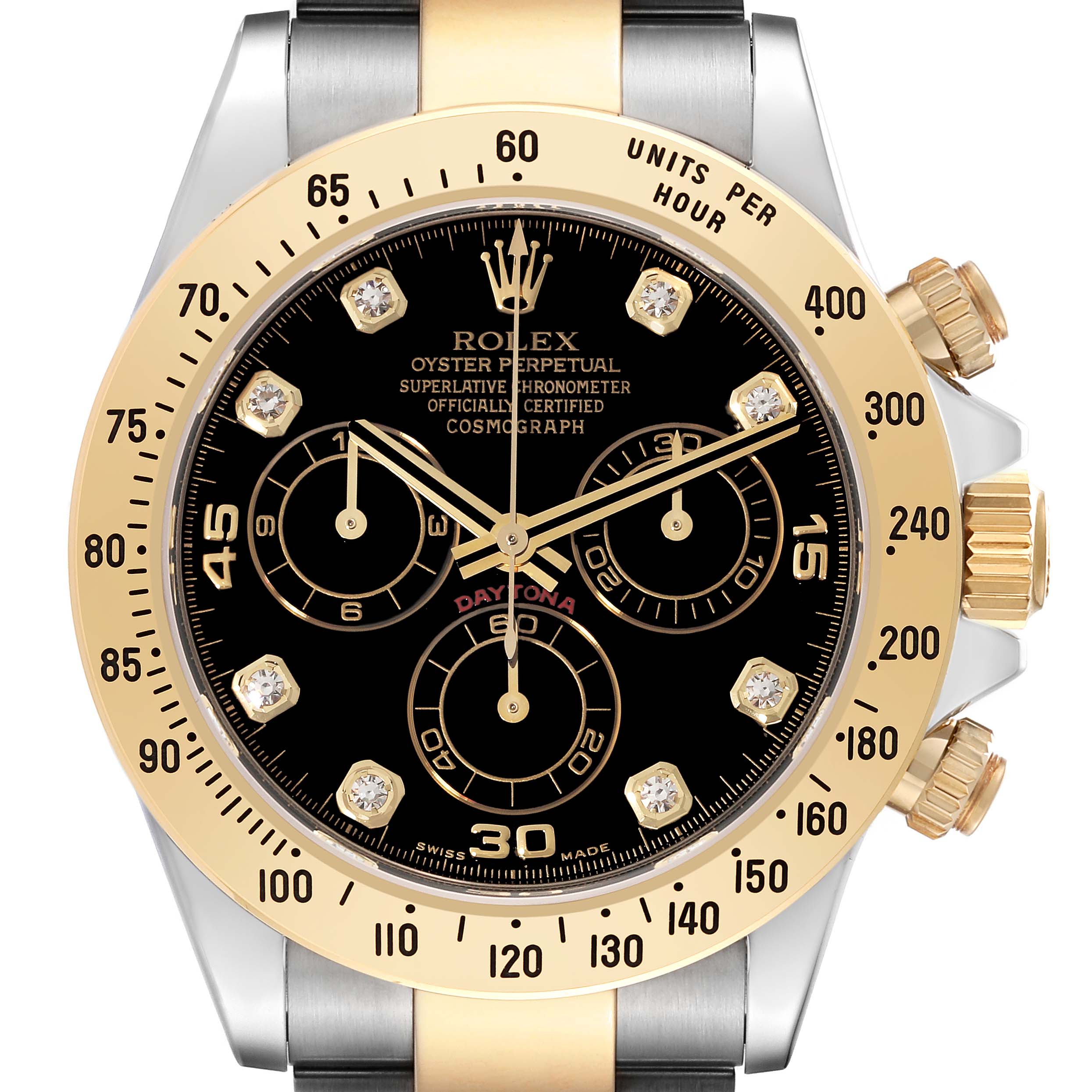 This image shows a frontal view of the Rolex Daytona 116523 Men
s Steel and Gold (two tone) Black Dial 116523 Men
s Steel and Gold (two tone) Black Dial watch, highlighting its black dial, gold bezel, and subdials.