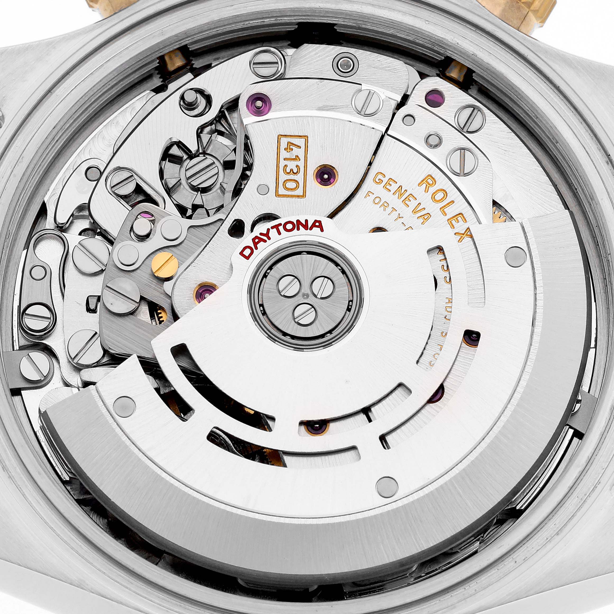 This image shows the movement and internal mechanics of a Rolex Daytona 116523 Men
s Steel and Gold (two tone) Black Dial 116523 Men
s Steel and Gold (two tone) Black Dial watch, viewed from the back.