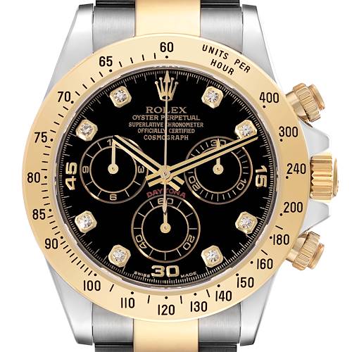 This image shows a front view of the Rolex Daytona watch, highlighting its black dial, gold and stainless steel case, and chronograph subdials.