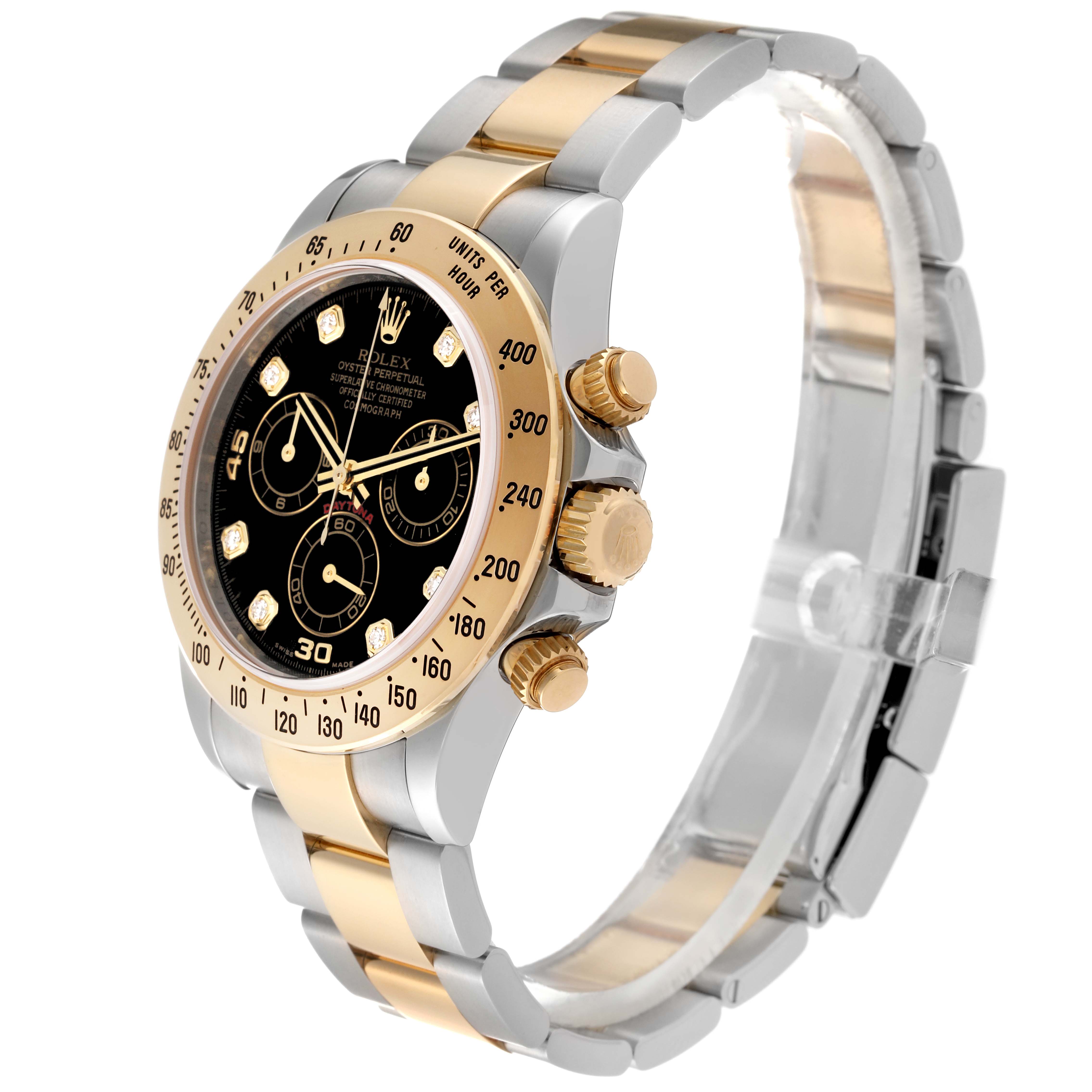 The Rolex Daytona 116523 Men
s Steel and Gold (two tone) Black Dial 116523 Men
s Steel and Gold (two tone) Black Dial watch is shown at an angle displaying its face, bezel, crown, pushers, and bracelet.