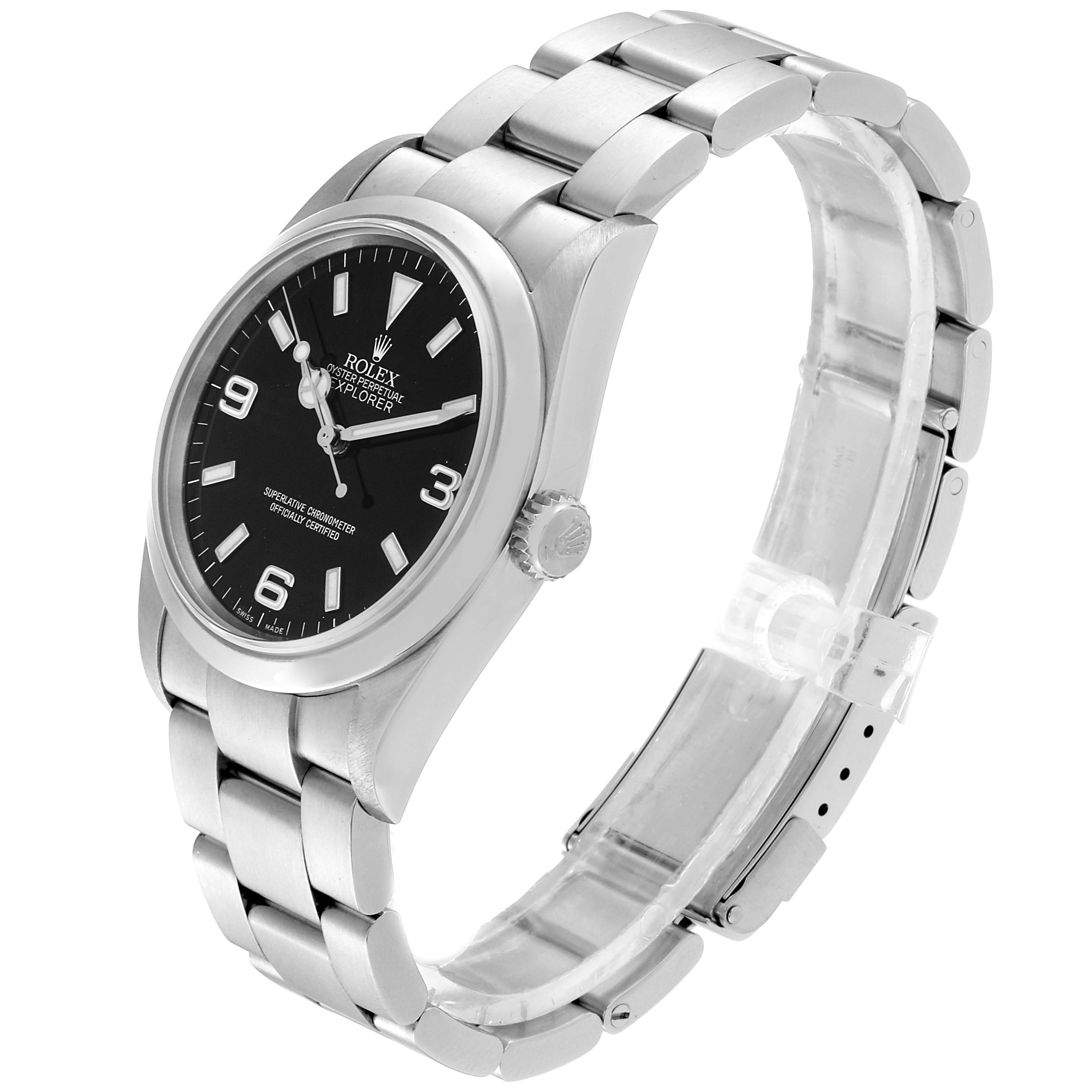 The image shows a Rolex Explorer 114270 Men
s Stainless Steel Black Dial 114270 Men
s Stainless Steel Black Dial watch angled to display the face, bezel, crown, and bracelet.