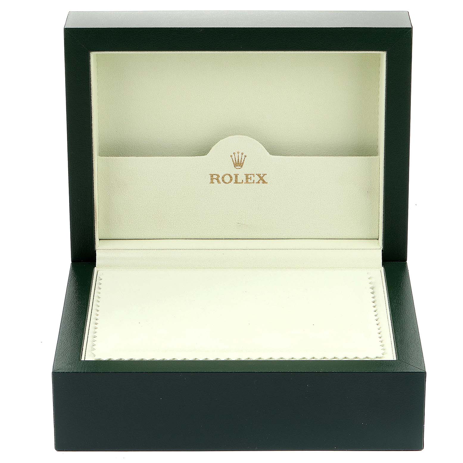 The image shows an open Rolex Explorer 114270 Men
s Stainless Steel Black Dial 114270 Men
s Stainless Steel Black Dial watch box from a front angle.