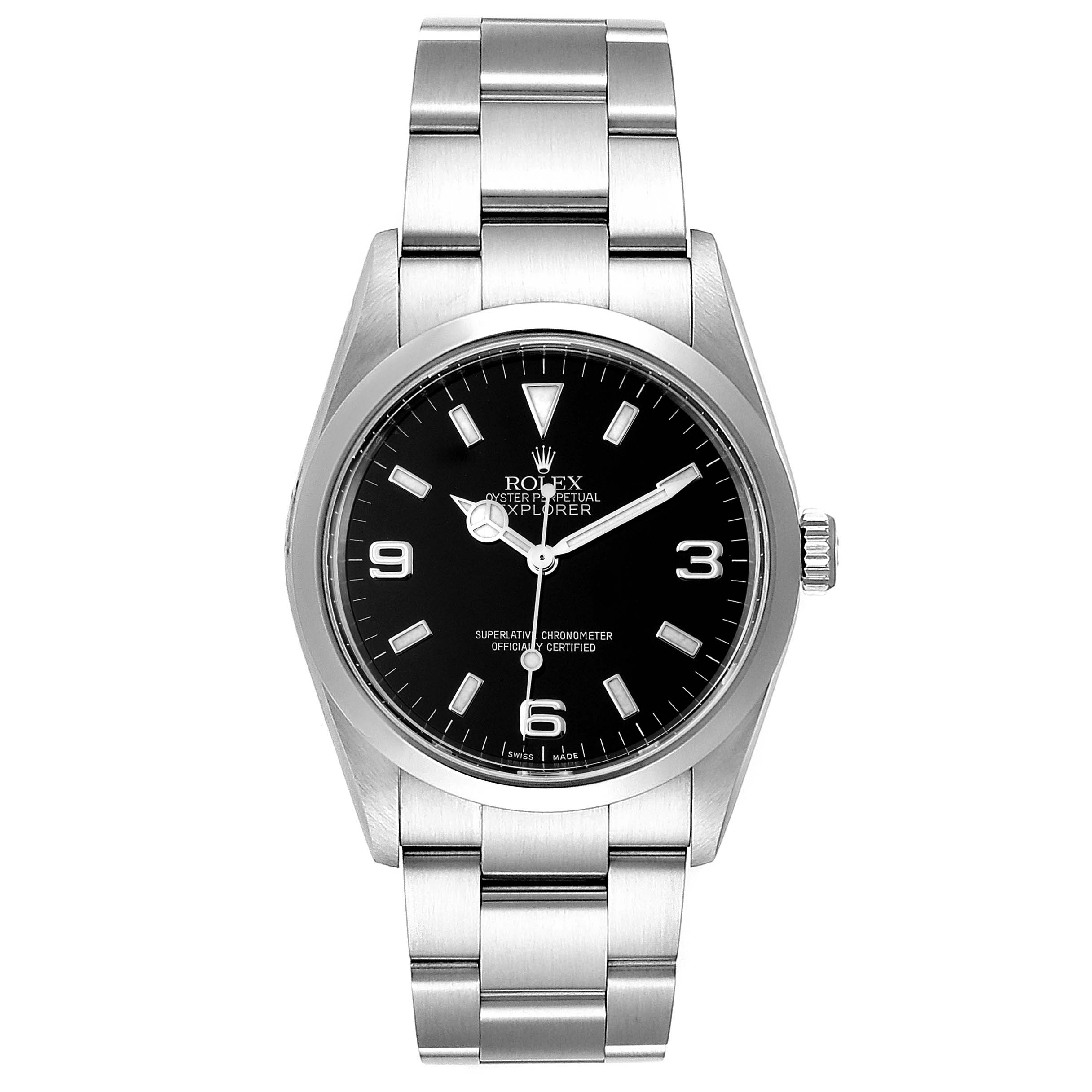The image shows a frontal view of a Rolex Explorer 114270 Men
s Stainless Steel Black Dial 114270 Men
s Stainless Steel Black Dial watch, featuring its black dial, hour markers, and stainless steel bracelet.