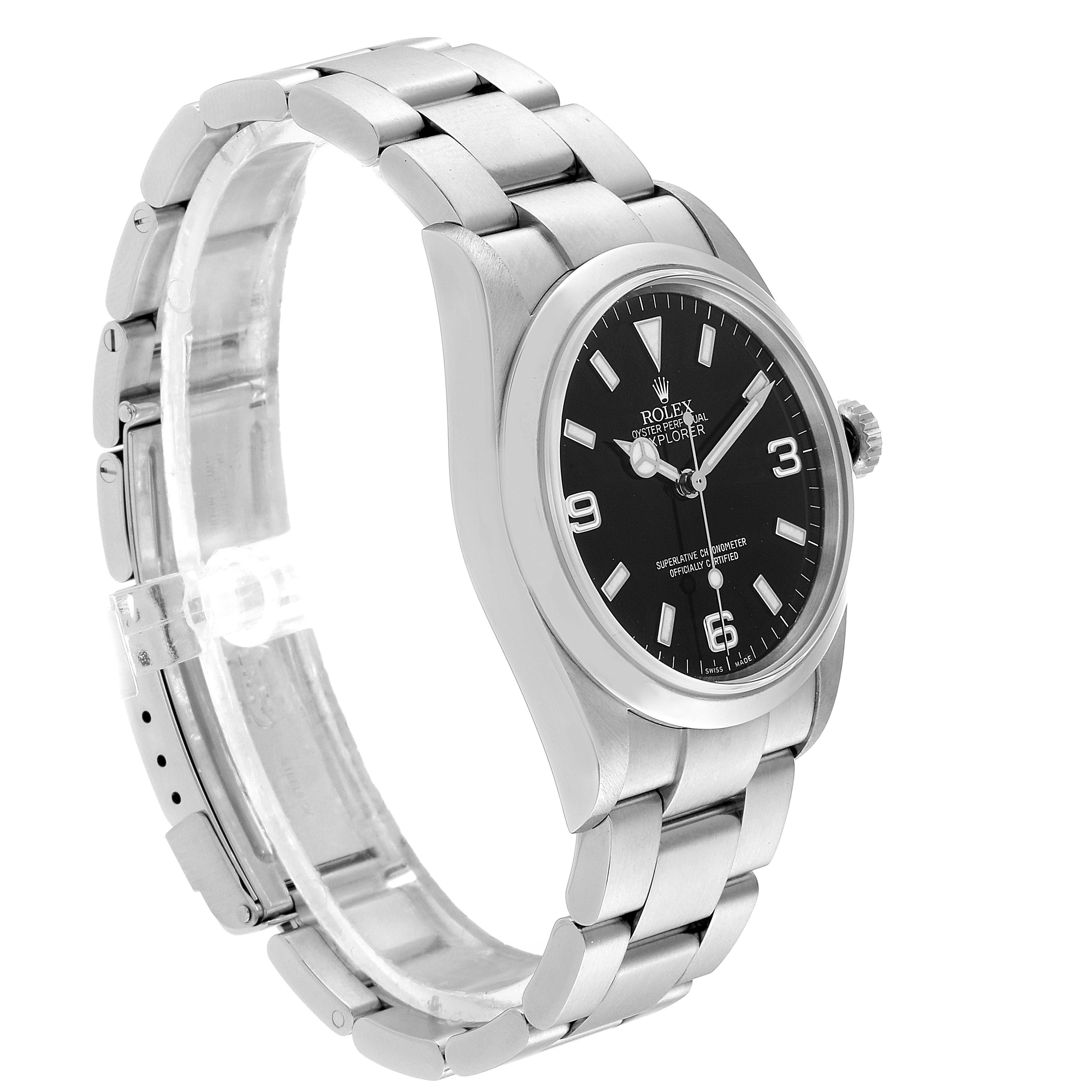 The Rolex Explorer 114270 Men
s Stainless Steel Black Dial 114270 Men
s Stainless Steel Black Dial watch is shown at an angle highlighting the face, bezel, and stainless steel bracelet.