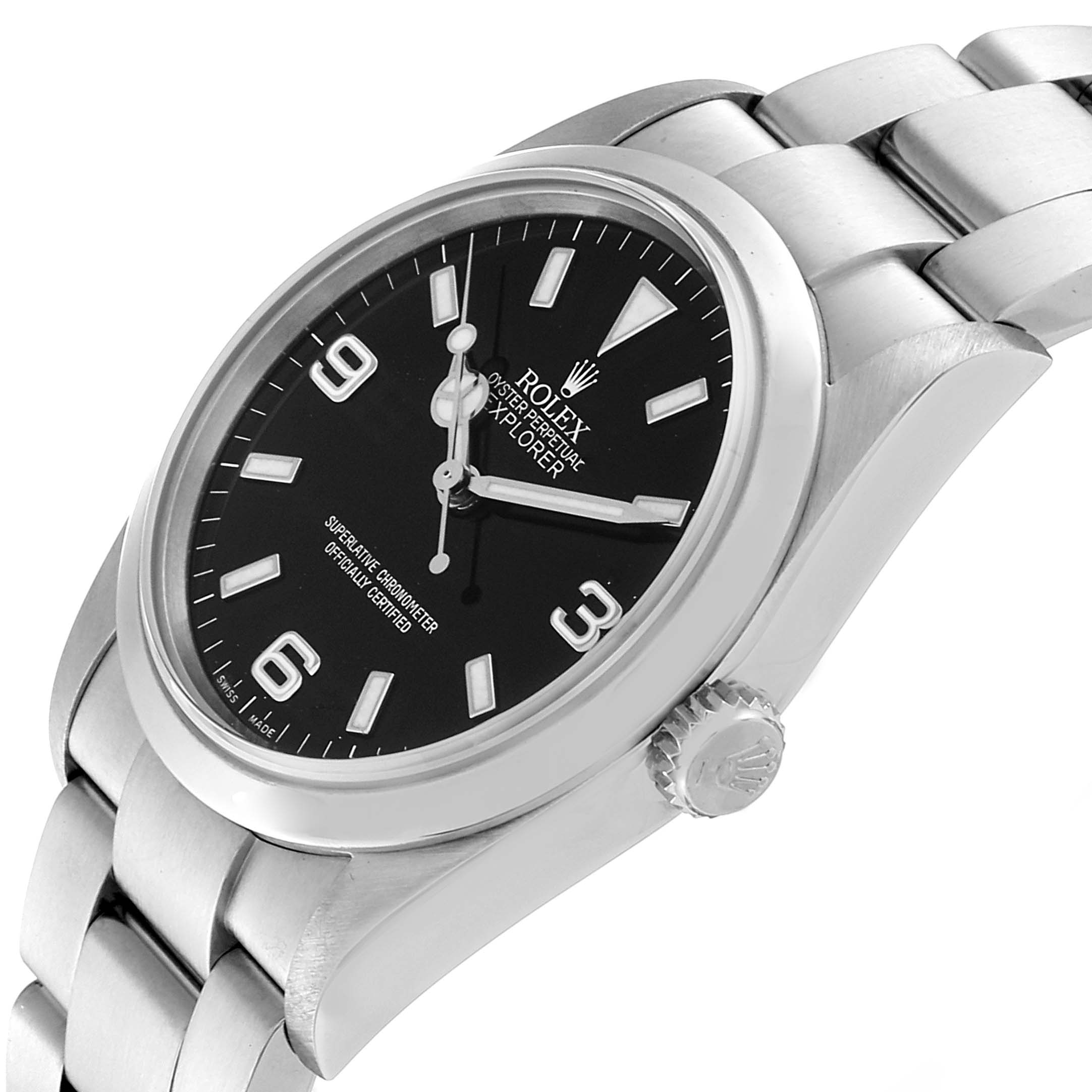 The image shows a side angle of the Rolex Explorer 114270 Men
s Stainless Steel Black Dial 114270 Men
s Stainless Steel Black Dial watch, featuring the dial, crown, and bracelet.