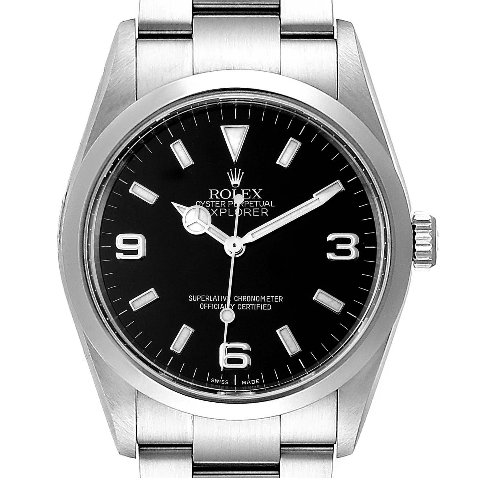 The image shows a front view of a Rolex Explorer 114270 Men
s Stainless Steel Black Dial 114270 Men
s Stainless Steel Black Dial watch, highlighting the black dial, stainless steel case, and bracelet.
