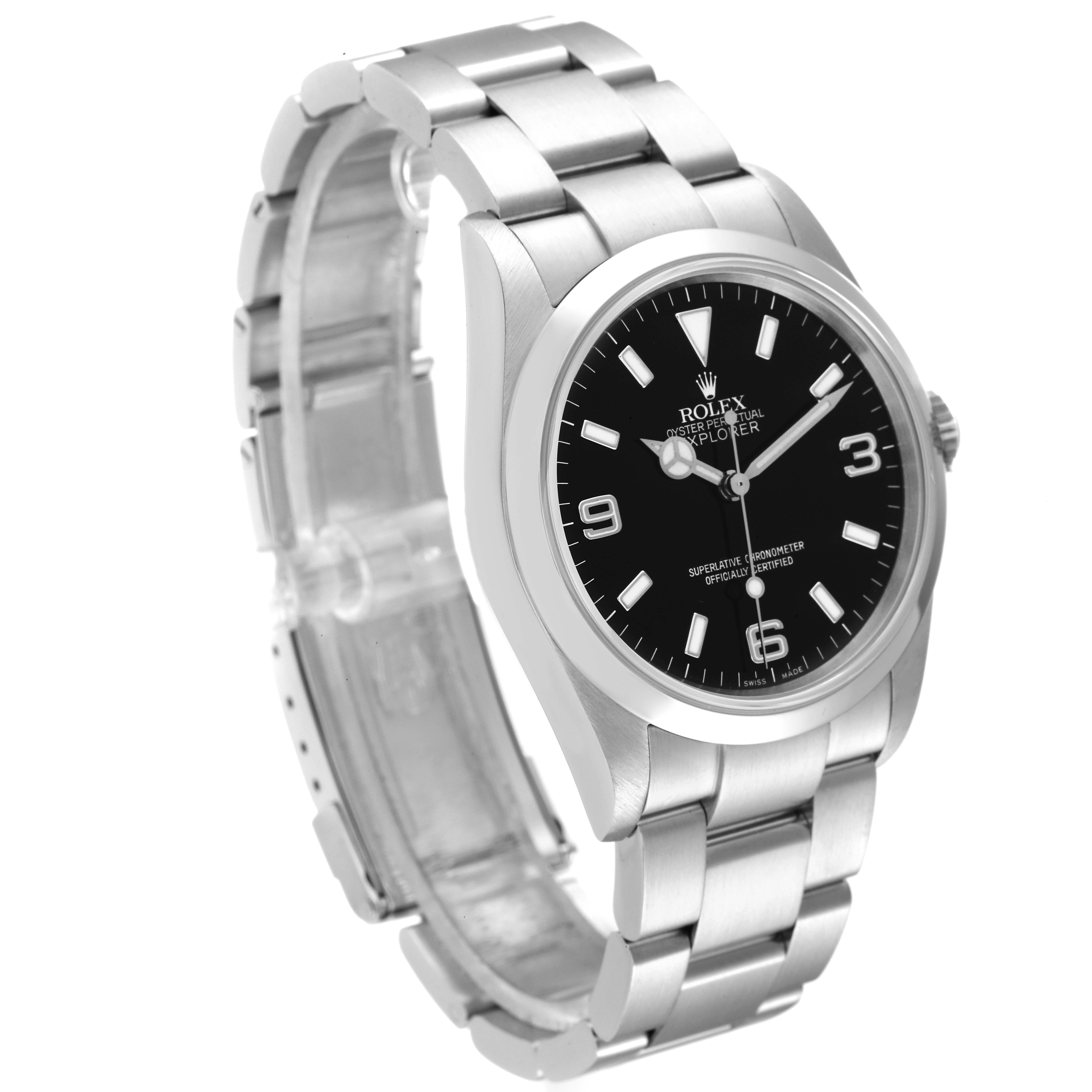 The image shows a Rolex Explorer 114270 Men's Stainless Steel Black Dial 114270 Men's Stainless Steel Black Dial watch with a side angle view highlighting its black dial, hands, and stainless steel bracelet.