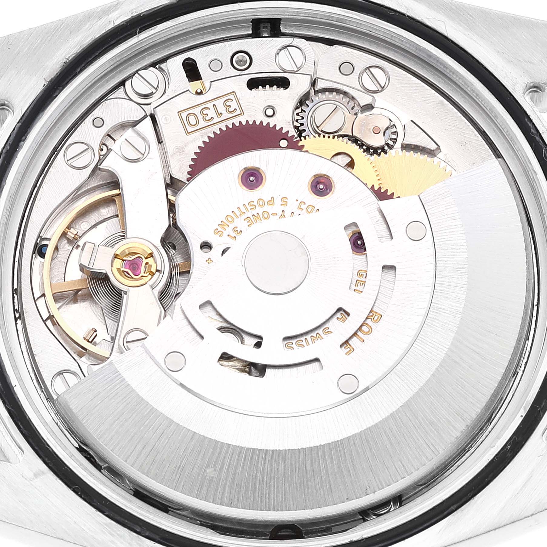The image shows the internal mechanical components of a Rolex Explorer 114270 Men's Stainless Steel Black Dial 114270 Men's Stainless Steel Black Dial watch from a back case angle.