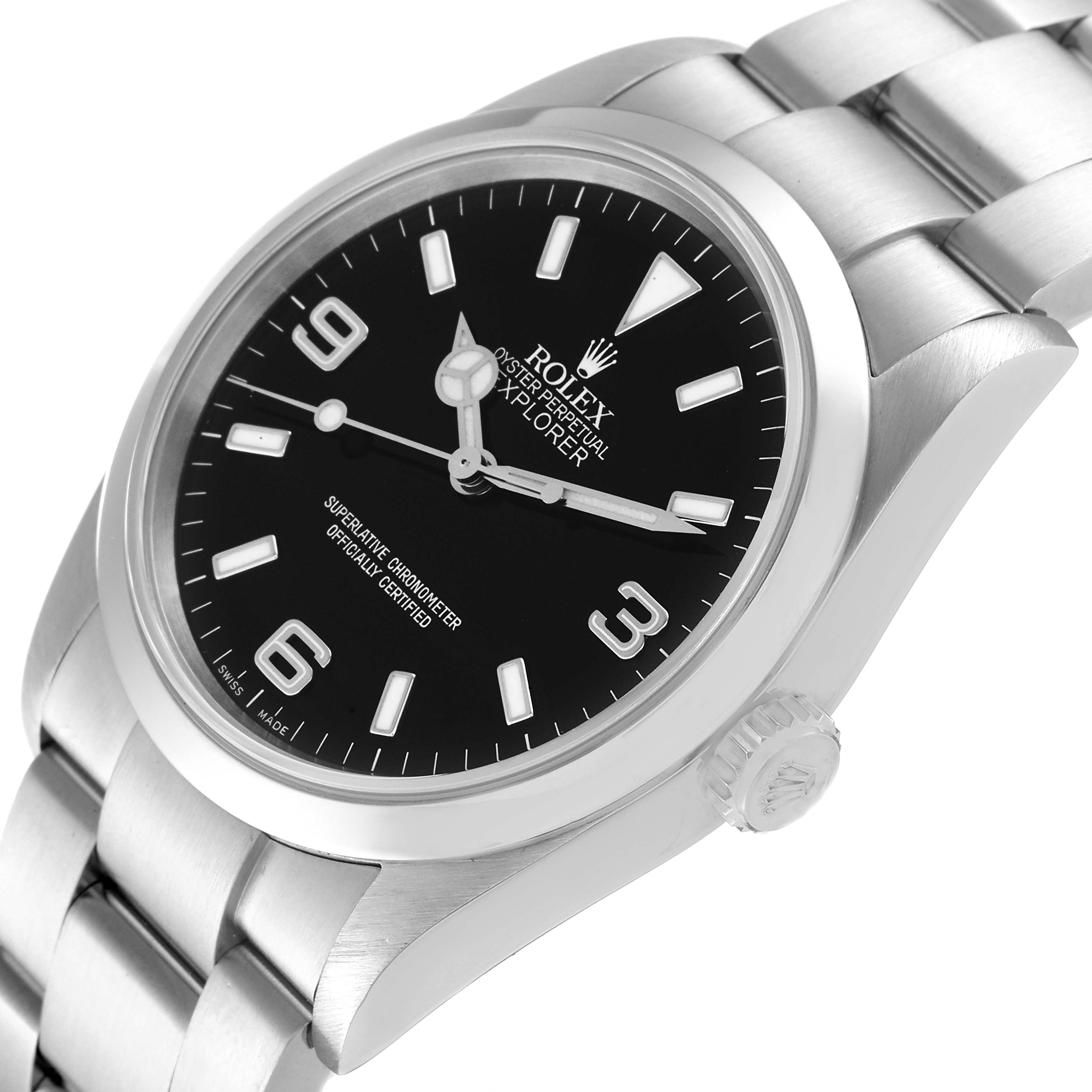 The Rolex Explorer 114270 Men's Stainless Steel Black Dial 114270 Men's Stainless Steel Black Dial watch is shown at a slight angle, highlighting the black dial, silver markers, and stainless steel bracelet.