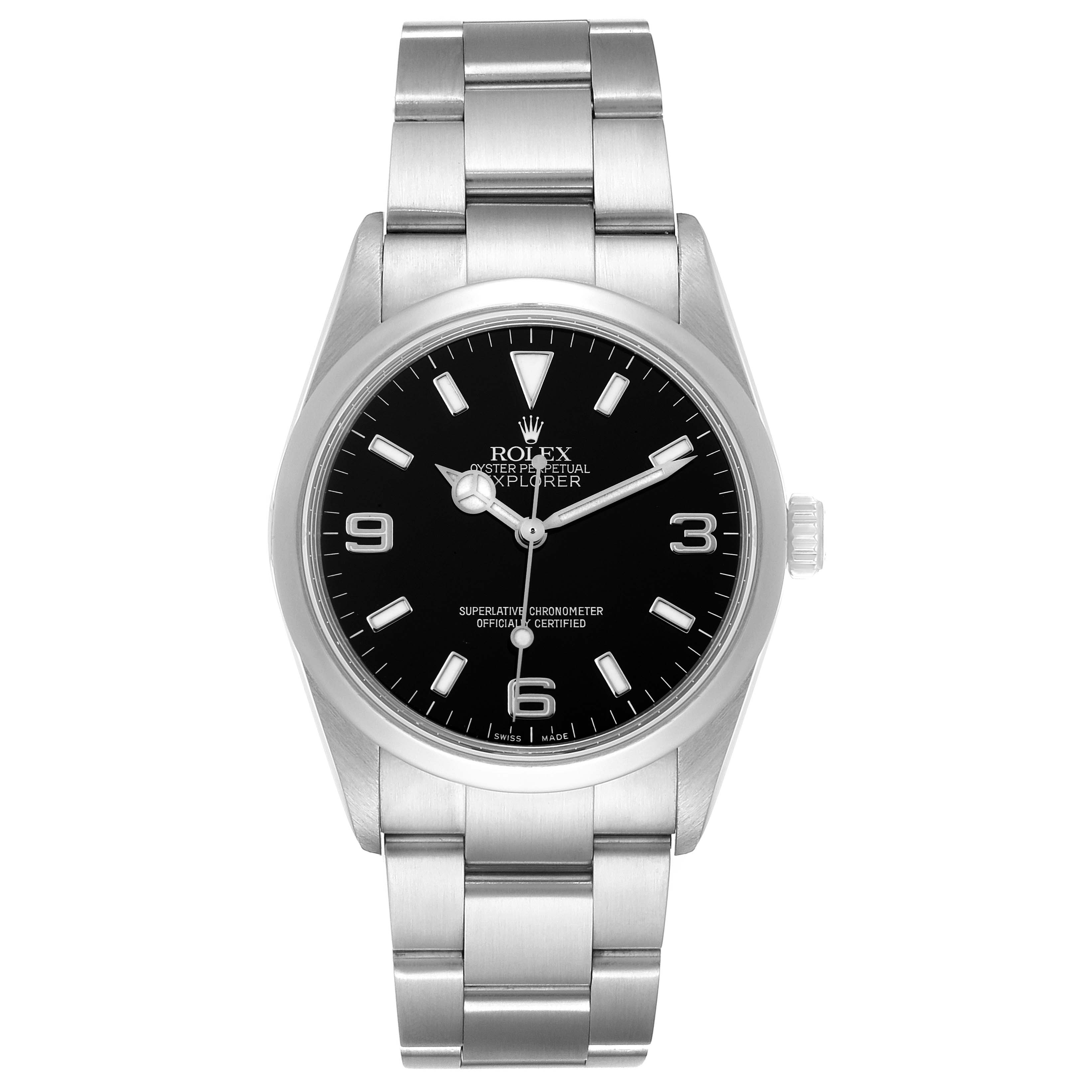 The image shows a front view of a Rolex Explorer 114270 Men's Stainless Steel Black Dial 114270 Men's Stainless Steel Black Dial watch, featuring a black dial and stainless steel bracelet.