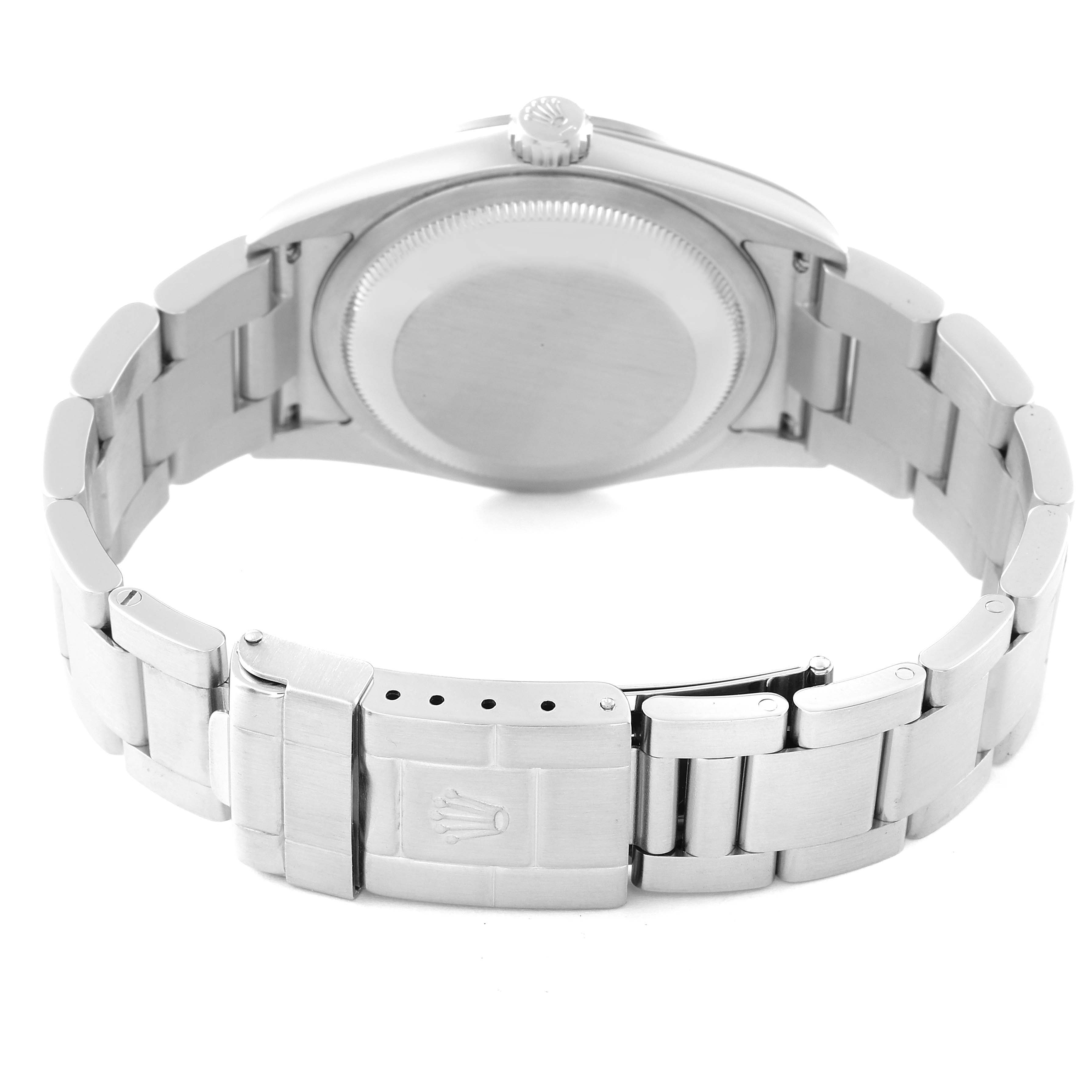 The image shows the back case and bracelet clasp of the Rolex Explorer 114270 Men's Stainless Steel Black Dial 114270 Men's Stainless Steel Black Dial watch.