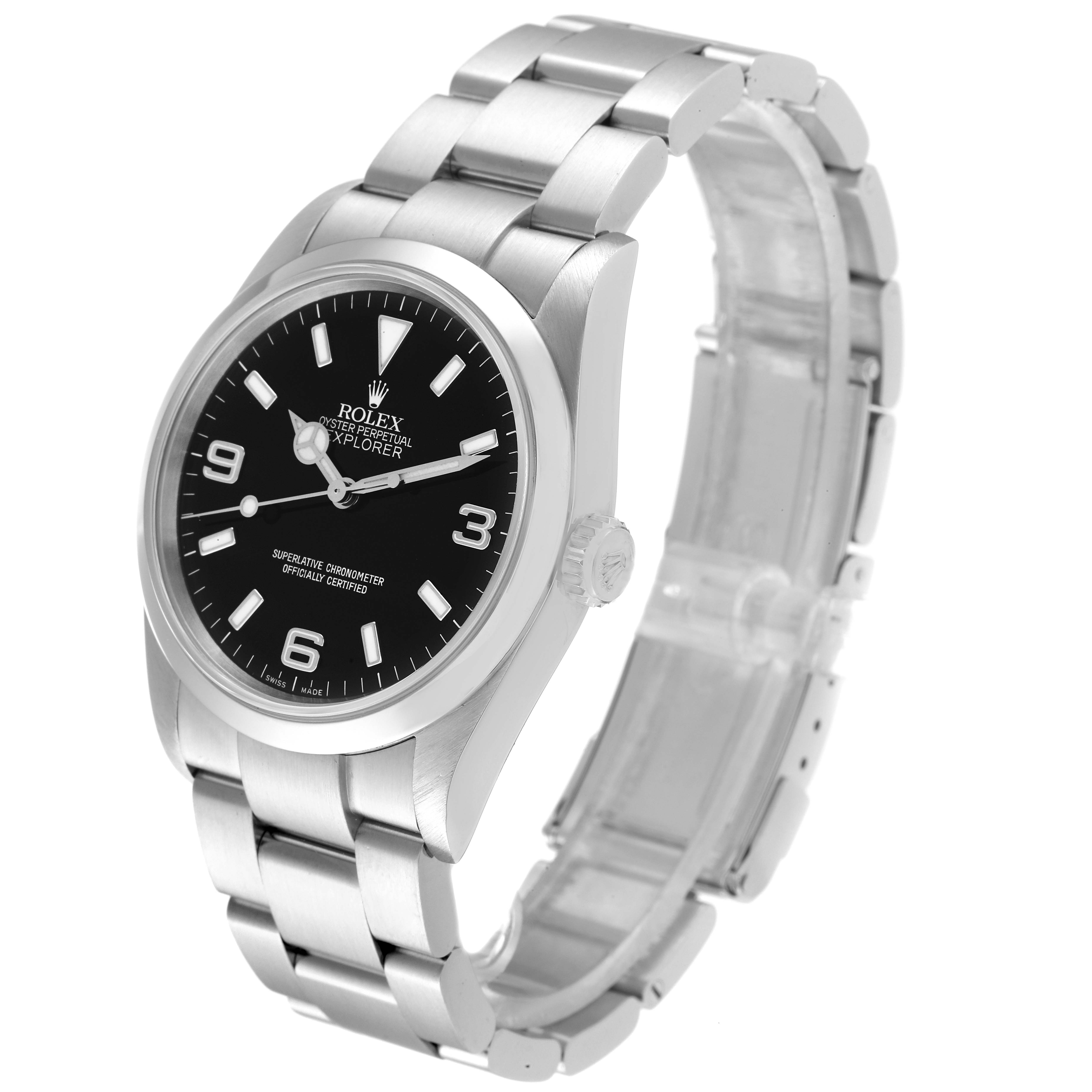 The image shows a Rolex Explorer 114270 Men's Stainless Steel Black Dial 114270 Men's Stainless Steel Black Dial model watch at an angled view, displaying the dial, crown, and bracelet.