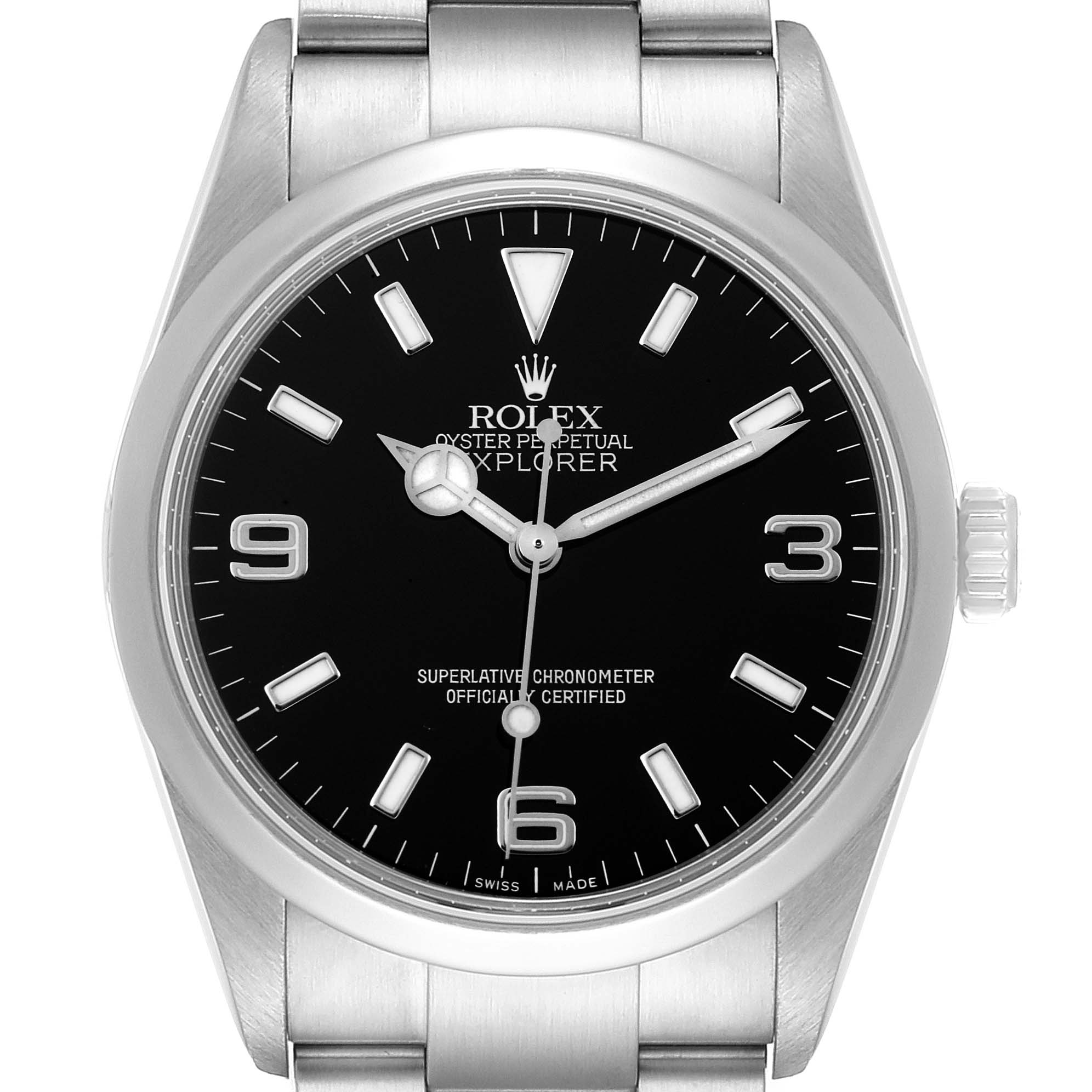 This image shows a front view of the Rolex Explorer 114270 Men's Stainless Steel Black Dial 114270 Men's Stainless Steel Black Dial watch, highlighting its dial, hour markers, and stainless steel bracelet.