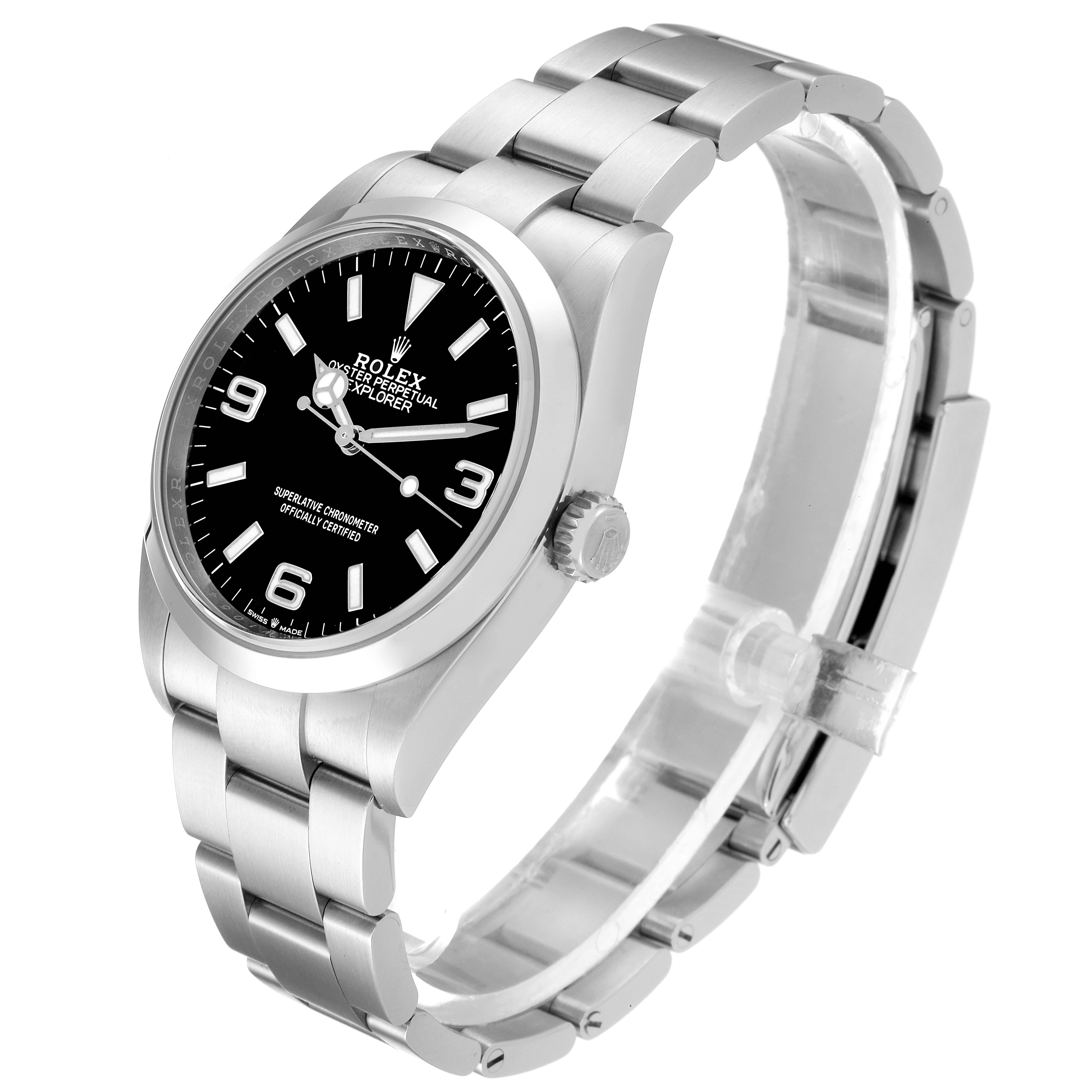 This image shows a Rolex Explorer 124270 Men
s Stainless Steel Black Dial 124270 Men
s Stainless Steel Black Dial model watch at a slight side angle, displaying the dial, bezel, crown, and bracelet.