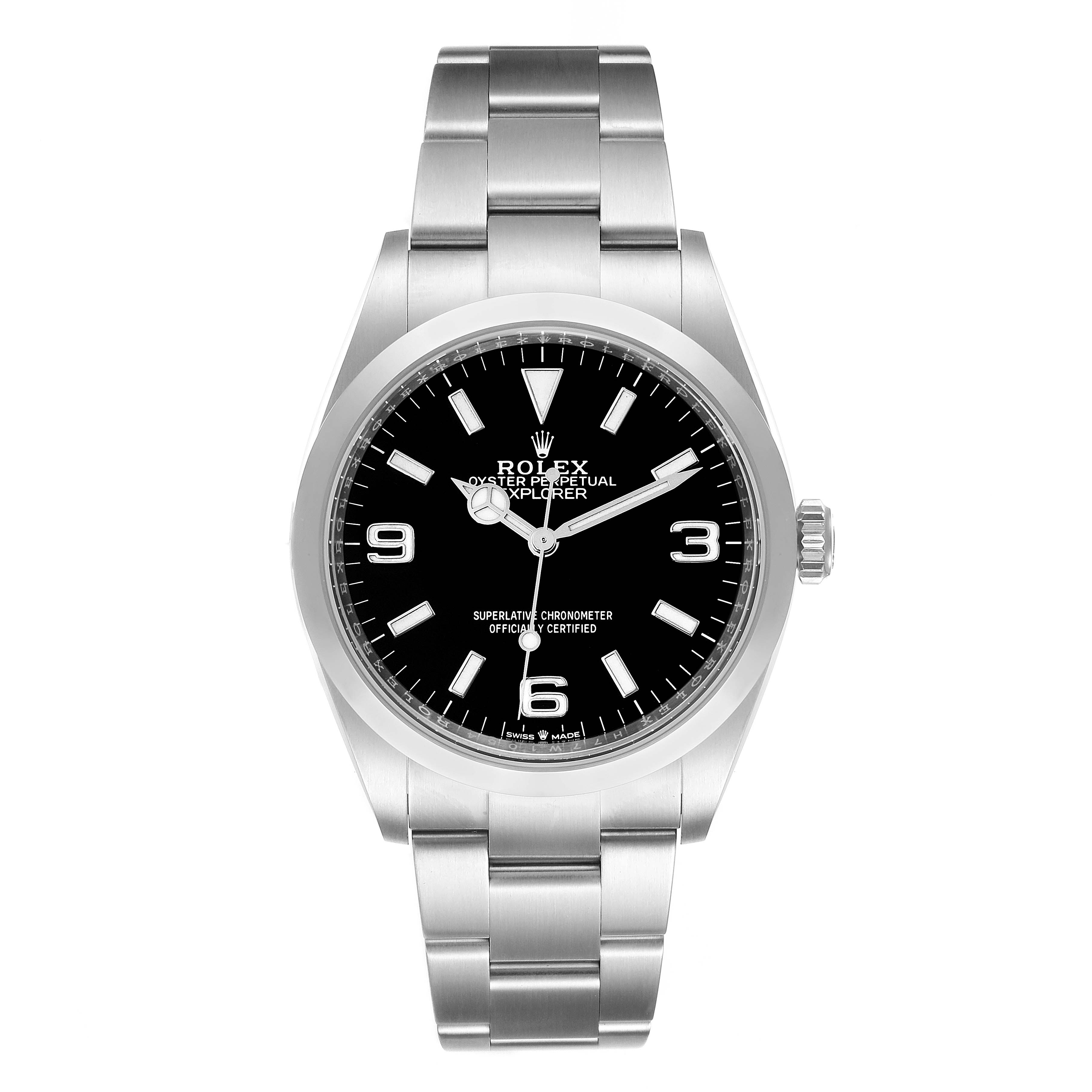 This image shows a front view of the Rolex Explorer 124270 Men
s Stainless Steel Black Dial 124270 Men
s Stainless Steel Black Dial watch, displaying the dial, case, bezel, hands, markers, and bracelet.