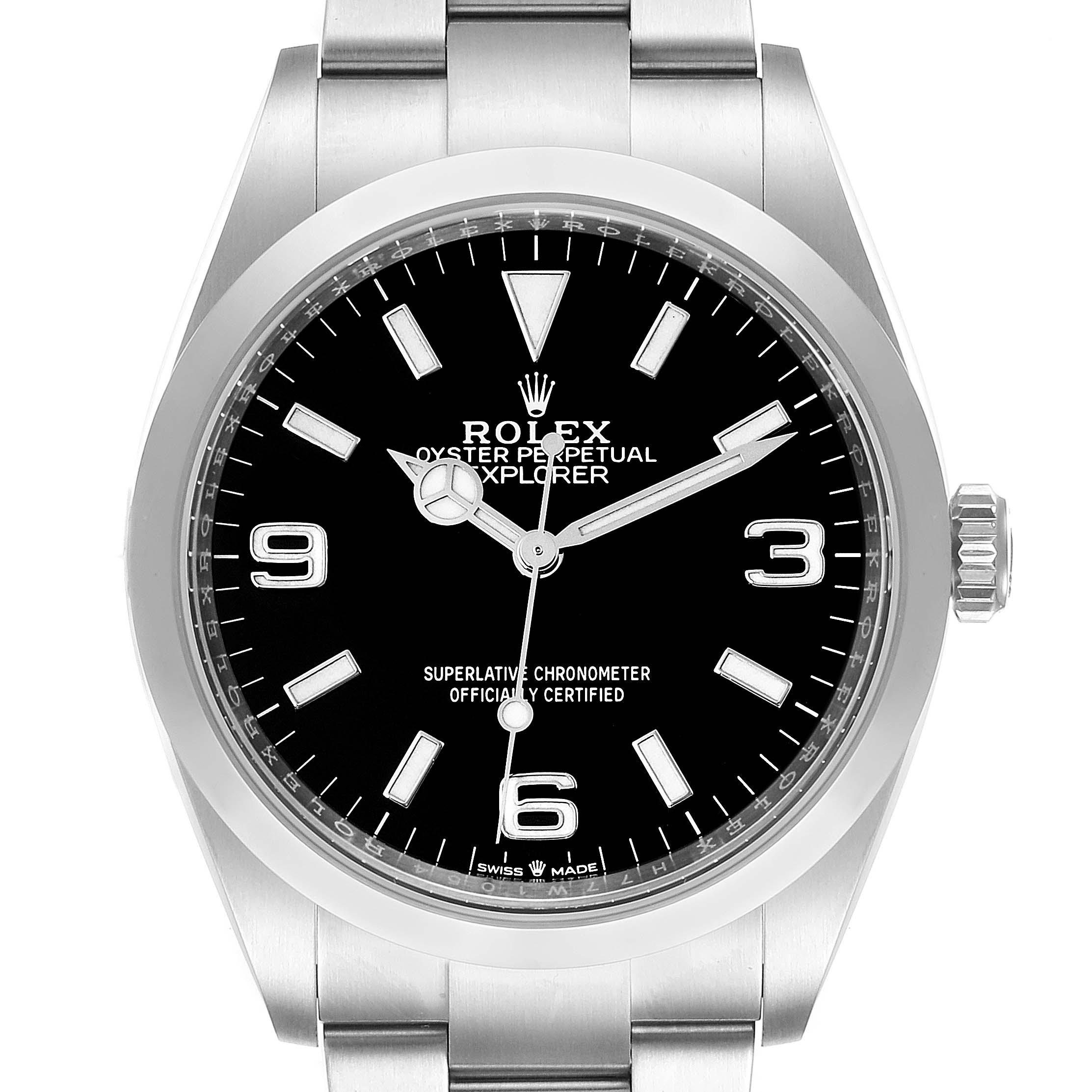 This image shows a front view of a Rolex Explorer 124270 Men
s Stainless Steel Black Dial 124270 Men
s Stainless Steel Black Dial watch, highlighting the dial, hands, and part of the bracelet.