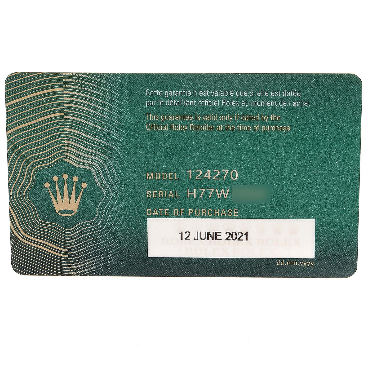 The image shows a warranty card for the Rolex Explorer 124270 Men
s Stainless Steel Black Dial 124270 Men
s Stainless Steel Black Dial model 124270, with a purchase date of June 12, 2021.