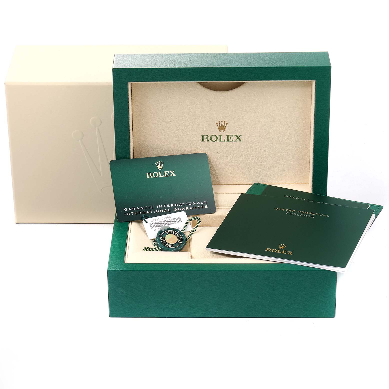 This image shows the packaging, international guarantee card, and documentation for a Rolex Explorer 124270 Men
s Stainless Steel Black Dial 124270 Men
s Stainless Steel Black Dial model watch.