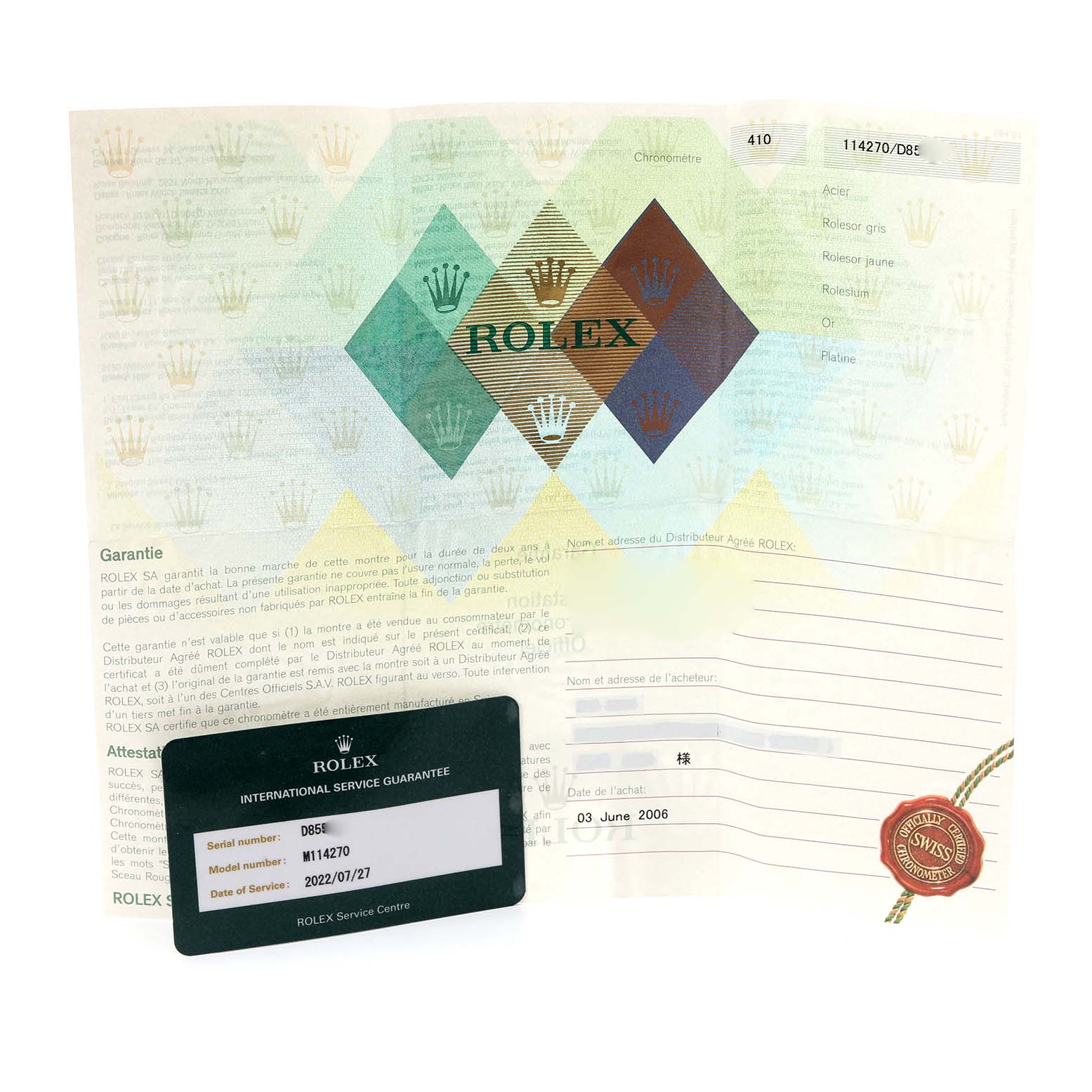 The image shows the Rolex Explorer 114270 Men's Stainless Steel Black Dial 114270 Men's Stainless Steel Black Dial warranty card, international service guarantee card, and related documentation.