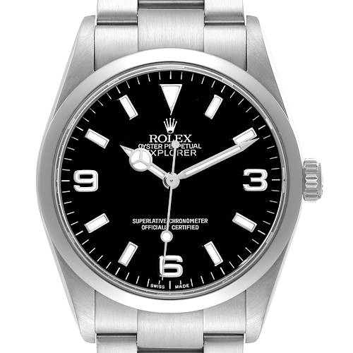 Front view of the Rolex Explorer watch showing the dial, bezel, and part of the bracelet.