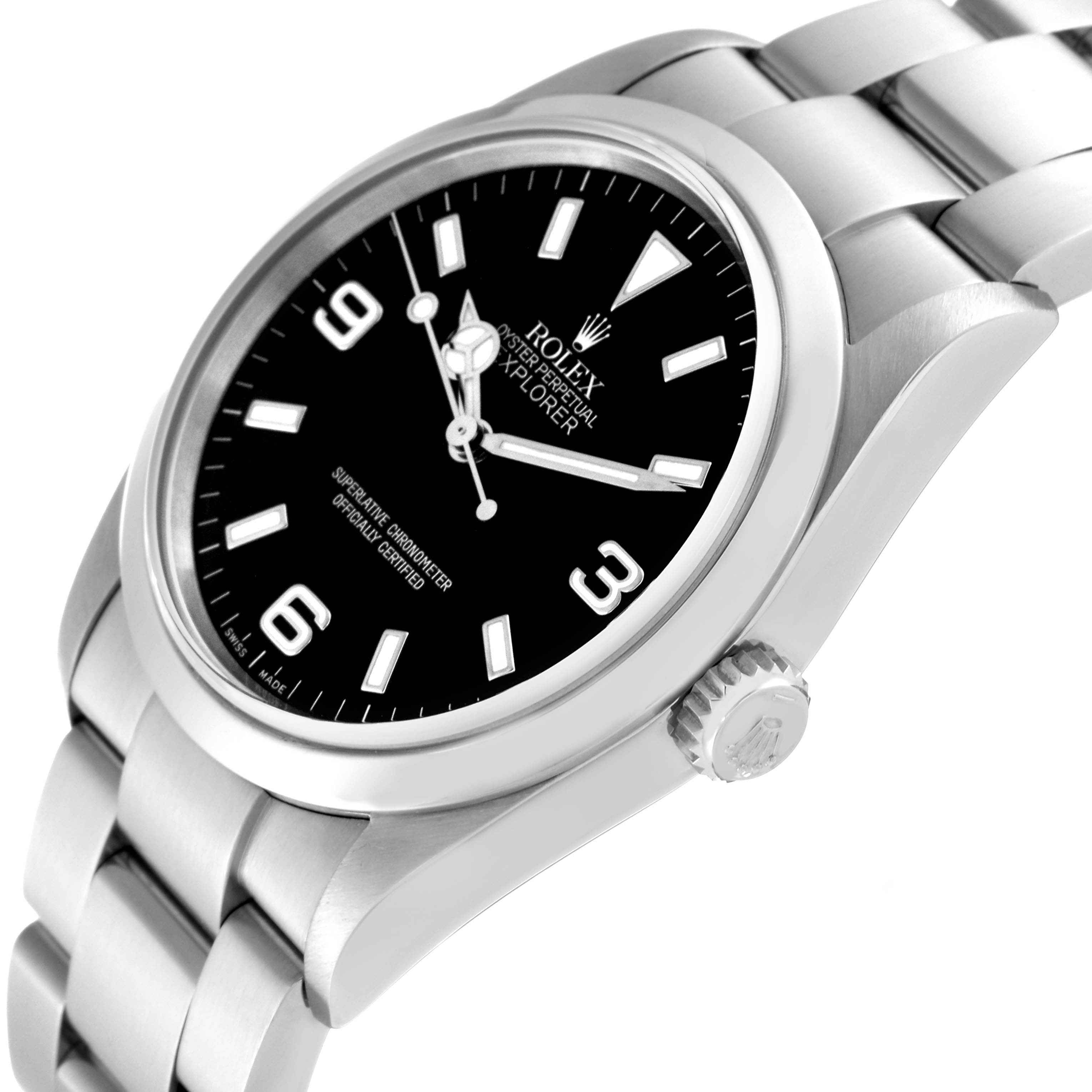 The Rolex Explorer 114270 Men's Stainless Steel Black Dial 114270 Men's Stainless Steel Black Dial watch is shown at a slight angle highlighting the watch face, bezel, crown, and a portion of the bracelet.