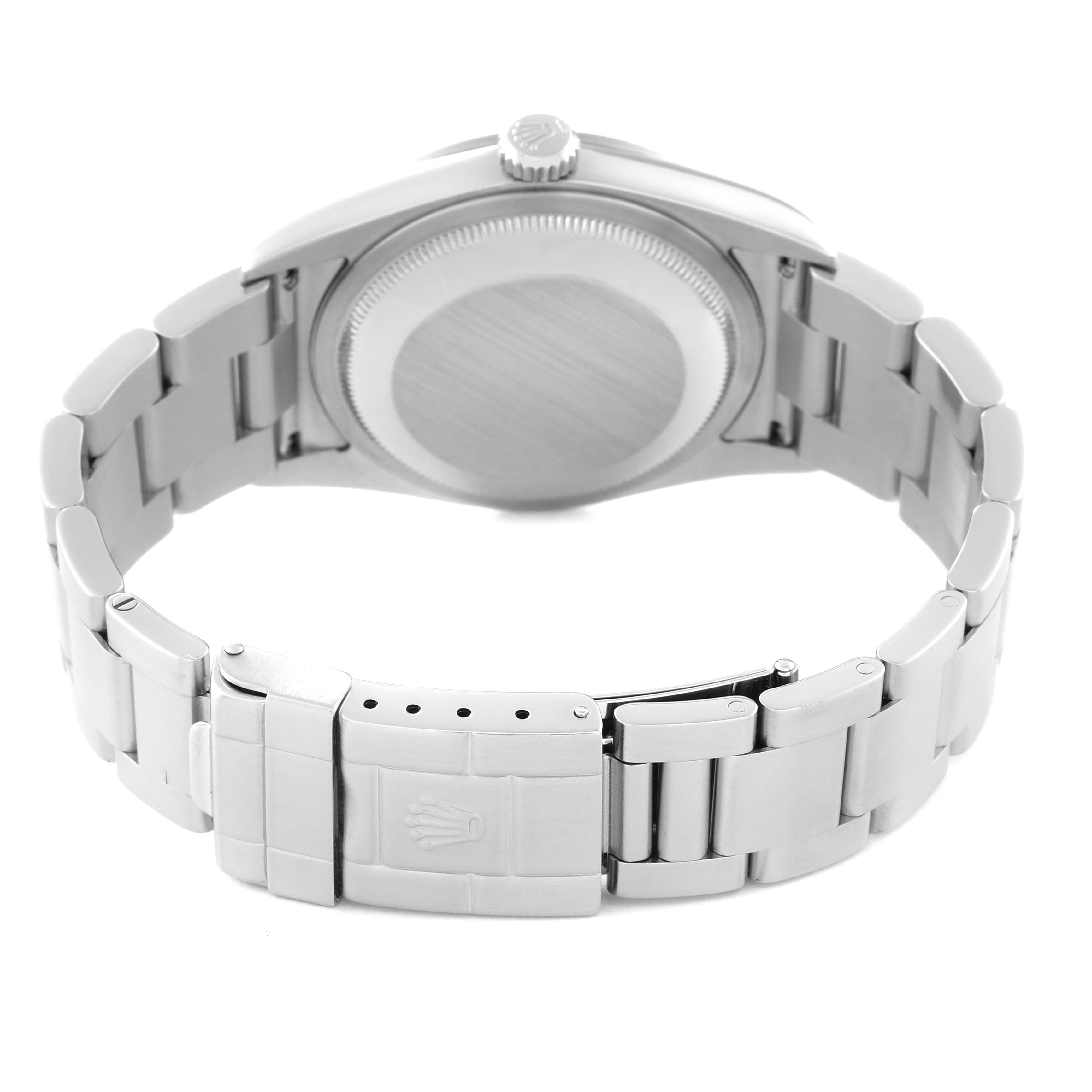 The image shows the back view of a Rolex Explorer 114270 Men's Stainless Steel Black Dial 114270 Men's Stainless Steel Black Dial model watch, including the case back, bracelet, and clasp.