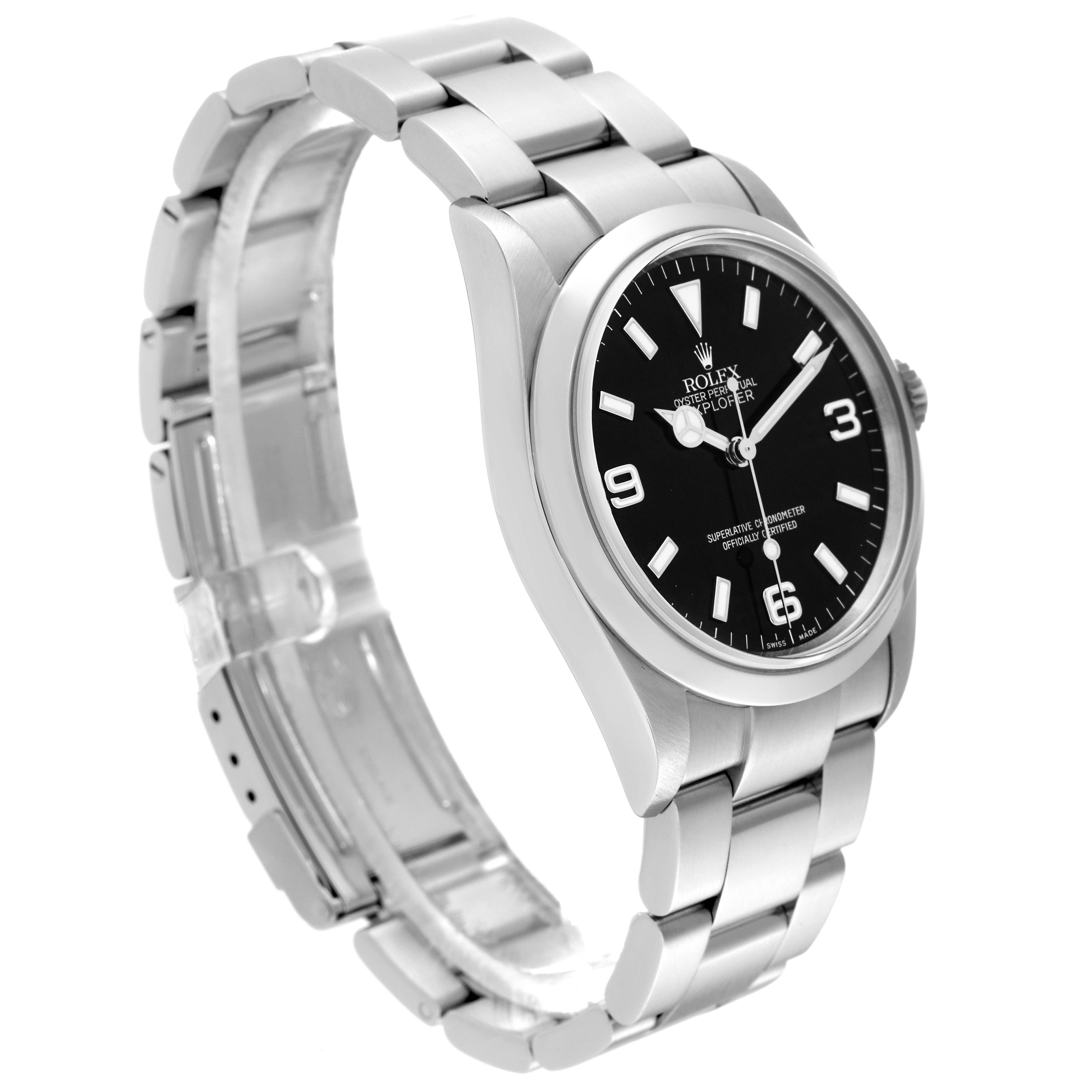 The image shows a side view of a Rolex Explorer 114270 Men's Stainless Steel Black Dial 114270 Men's Stainless Steel Black Dial model watch, highlighting its stainless steel bracelet and black dial.