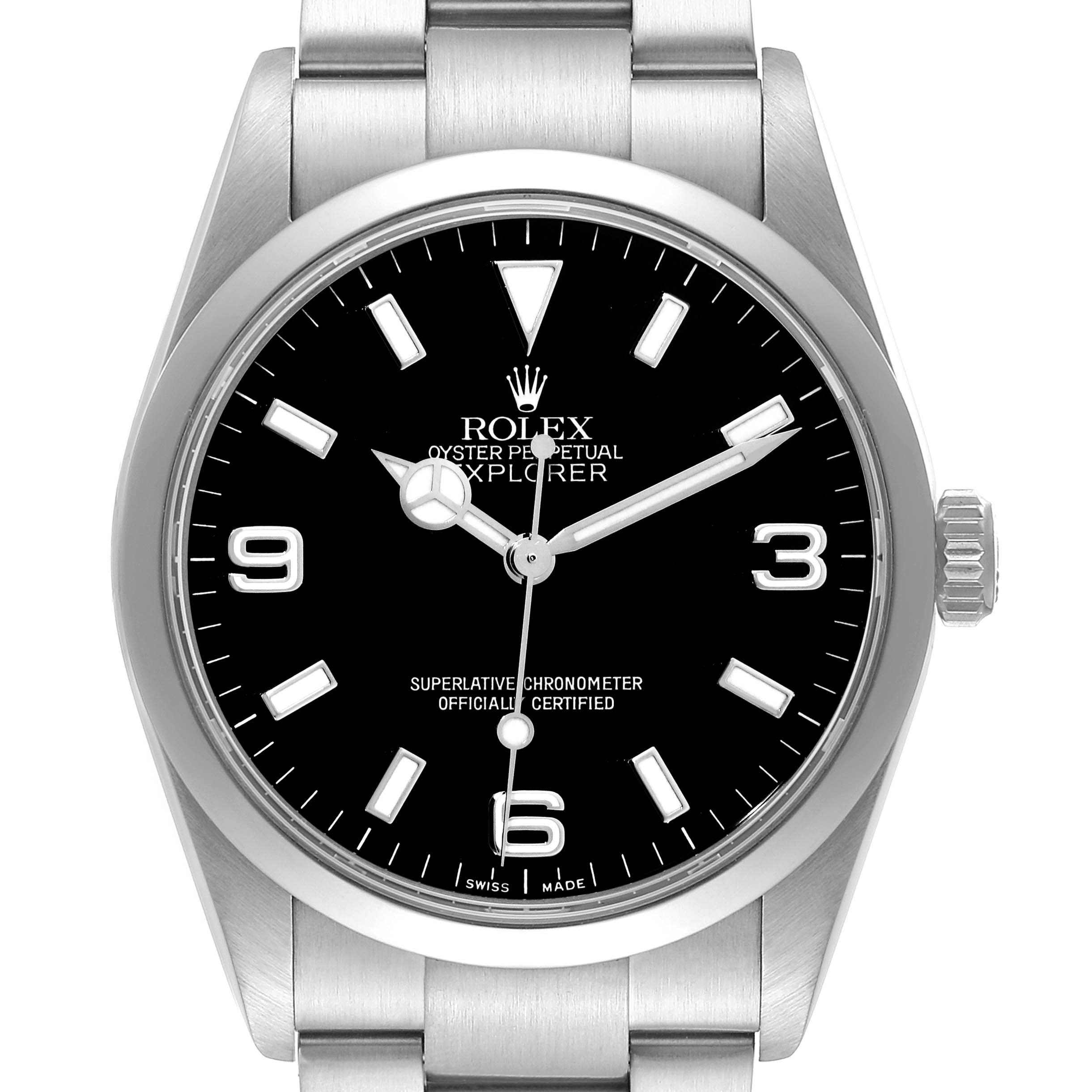 The image shows a front view of the Rolex Explorer 114270 Men's Stainless Steel Black Dial 114270 Men's Stainless Steel Black Dial watch, including its dial, bezel, crown, and part of the bracelet.