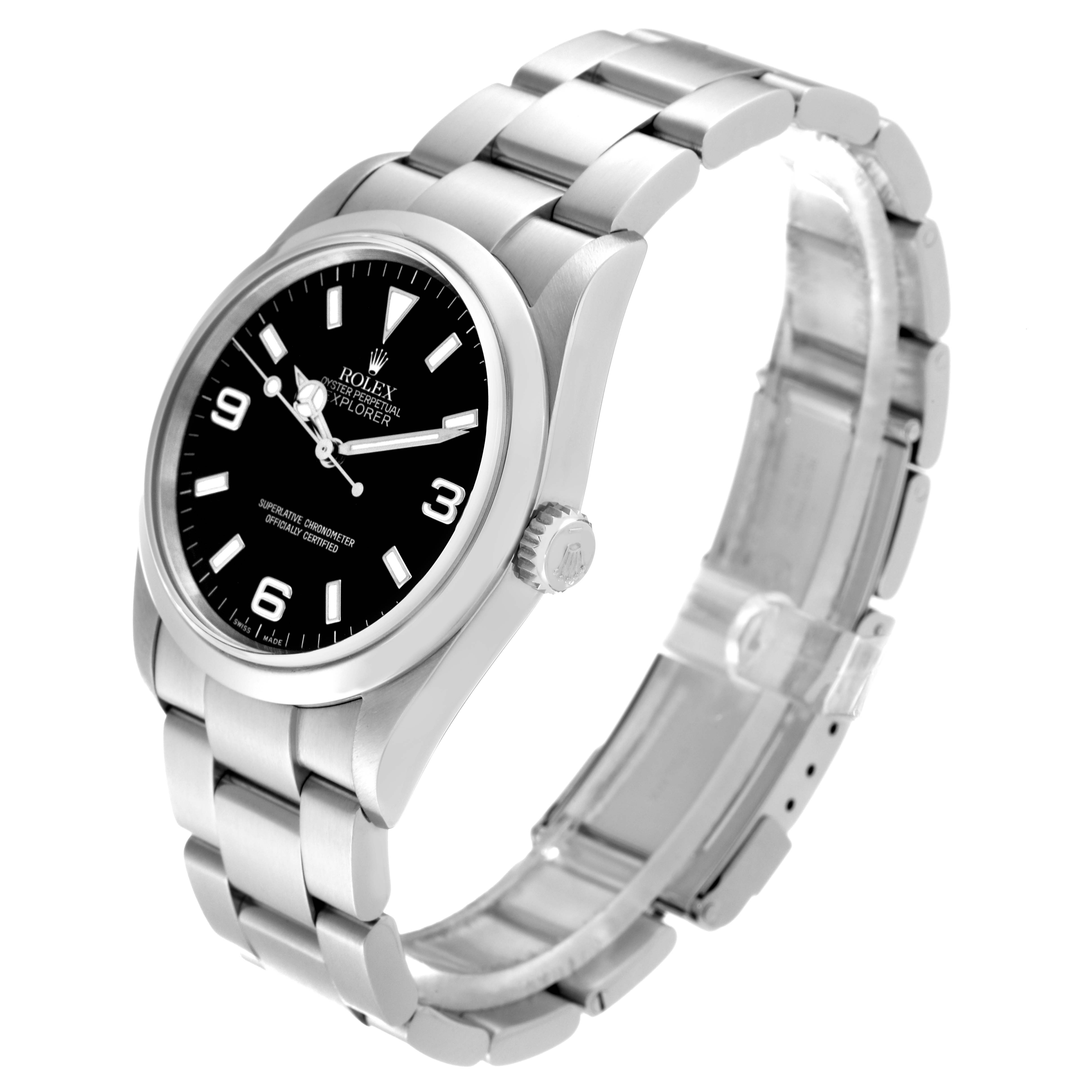 The image shows a side angle of a Rolex Explorer 114270 Men's Stainless Steel Black Dial 114270 Men's Stainless Steel Black Dial model watch, highlighting its black dial, crown, and stainless steel bracelet.