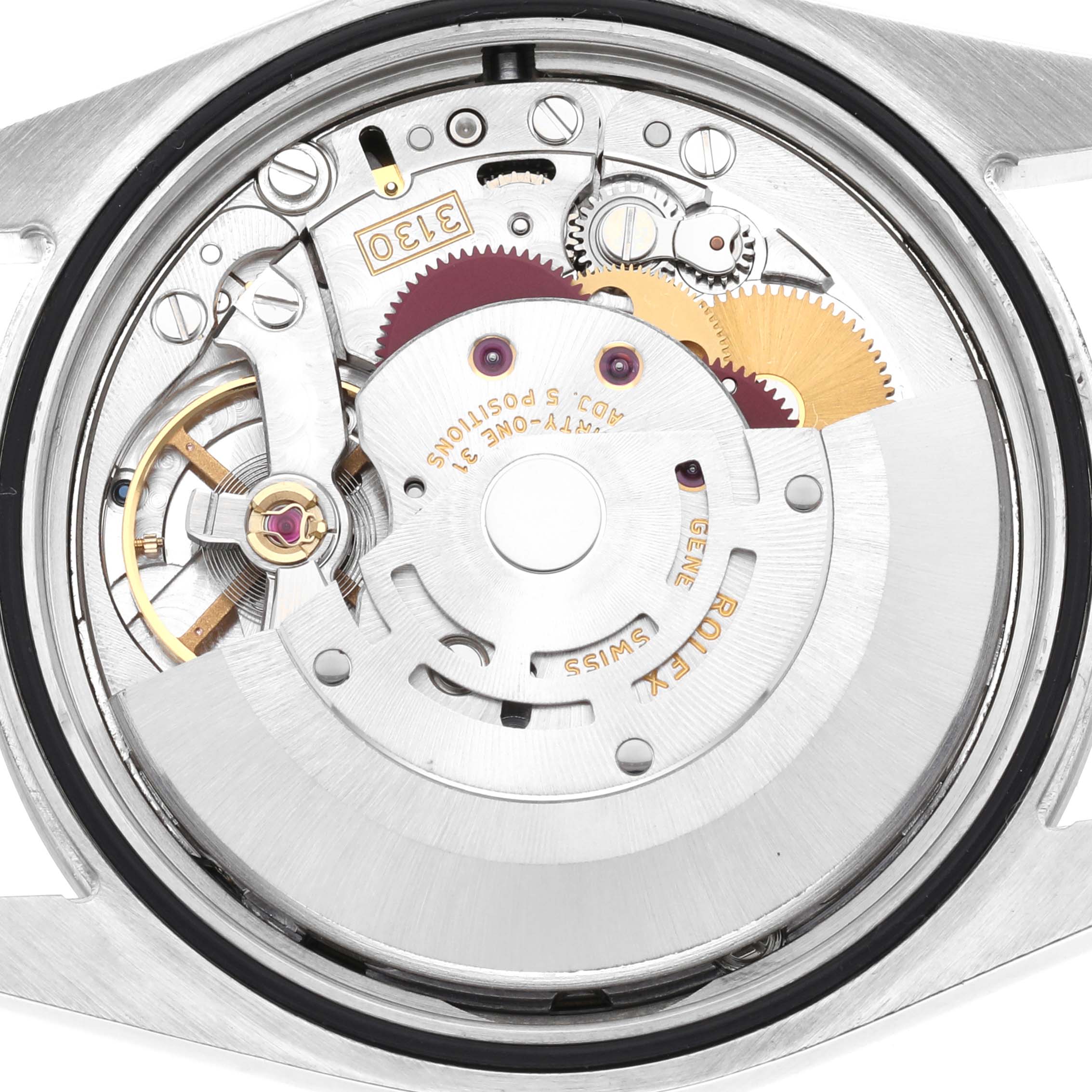 This image shows the internal movement mechanism of the Rolex Explorer 114270 Men's Stainless Steel Black Dial 114270 Men's Stainless Steel Black Dial watch from a close-up, top-down angle.
