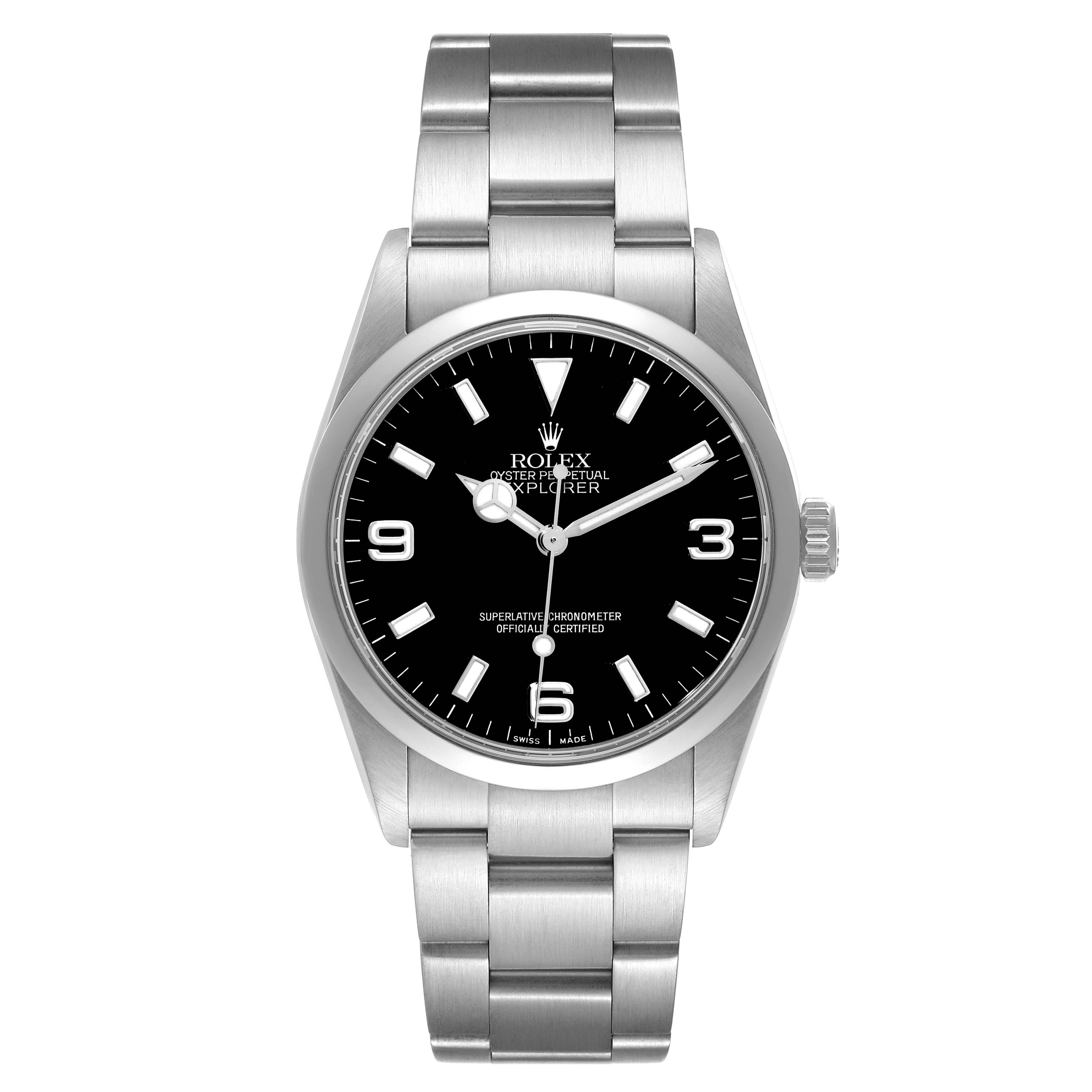The image shows a front view of the Rolex Explorer 114270 Men's Stainless Steel Black Dial 114270 Men's Stainless Steel Black Dial watch, highlighting the dial, bezel, case, and bracelet.
