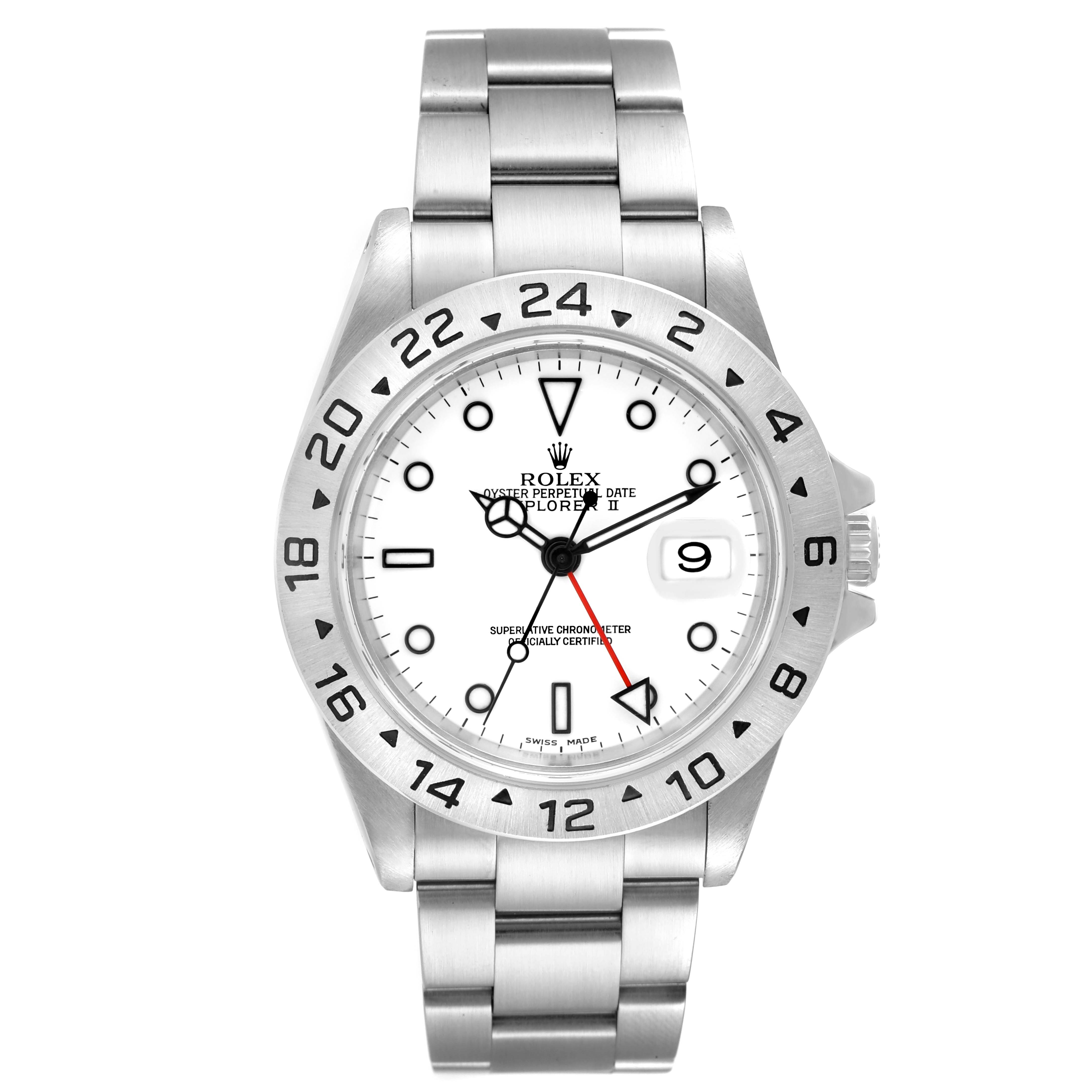 The image shows a front view of a Rolex Explorer 16570 Men's Stainless Steel White Dial 16570 Men's Stainless Steel White Dial watch with a white dial, stainless steel case, and bracelet.