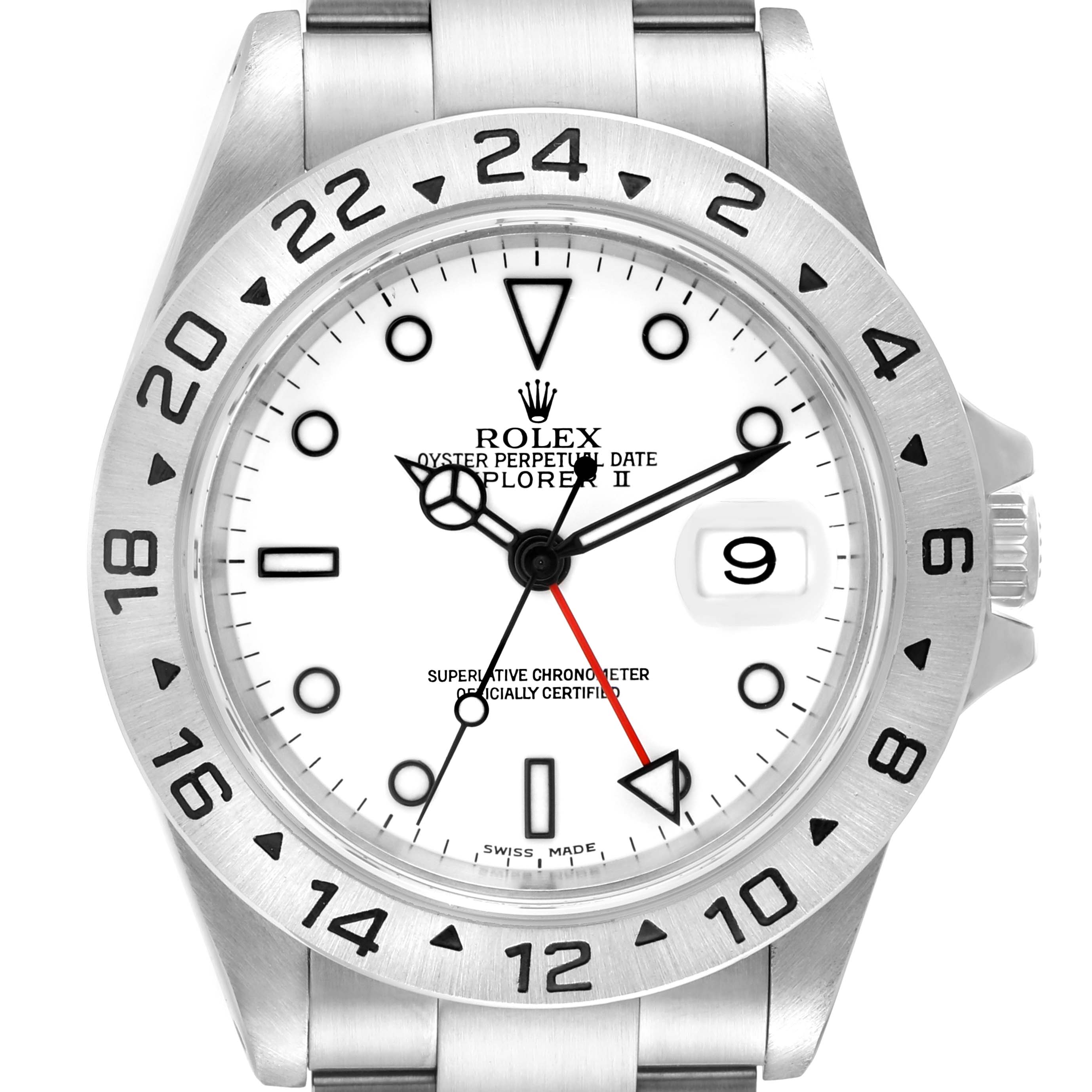 This image shows a frontal view of a Rolex Explorer 16570 Men's Stainless Steel White Dial 16570 Men's Stainless Steel White Dial watch, highlighting its bezel, dial, hands, and date magnifier.