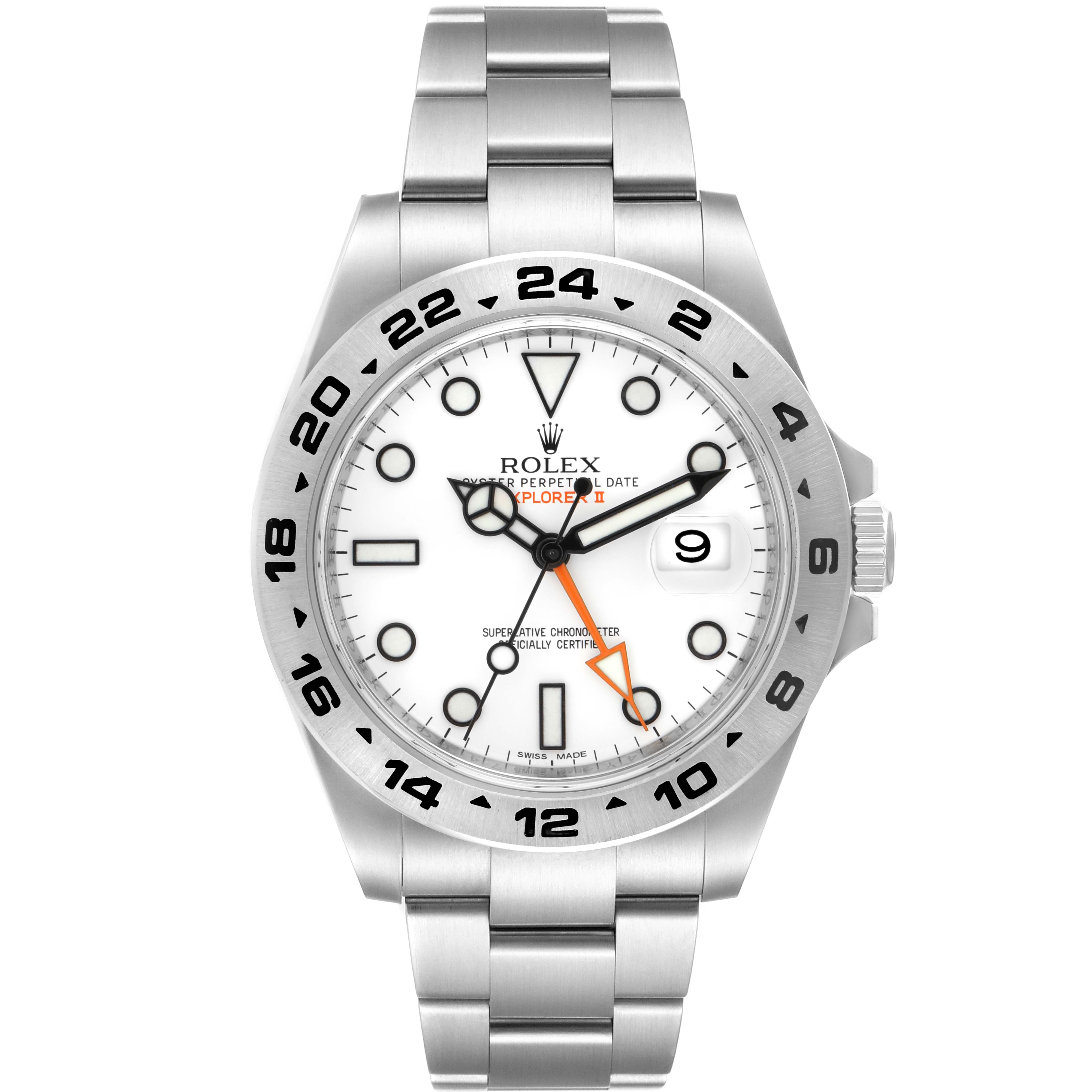 This image shows the front view of a Rolex Explorer 216570 Men
s Stainless Steel White Dial 216570 Men
s Stainless Steel White Dial watch, highlighting its dial, bezel, and bracelet.