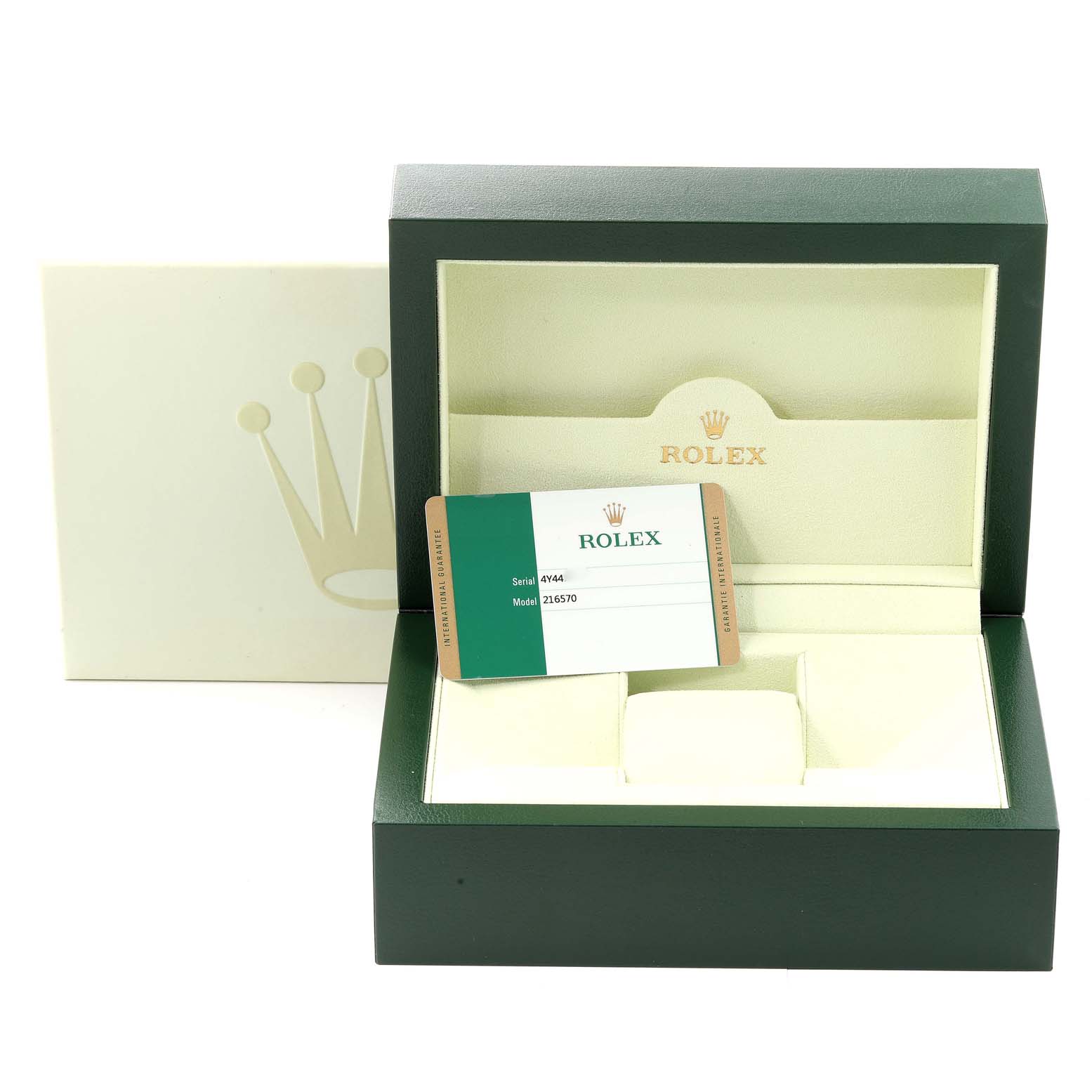 The image shows a green Rolex Explorer 216570 Men
s Stainless Steel White Dial 216570 Men
s Stainless Steel White Dial watch box and warranty card, angled from the front with the box open.