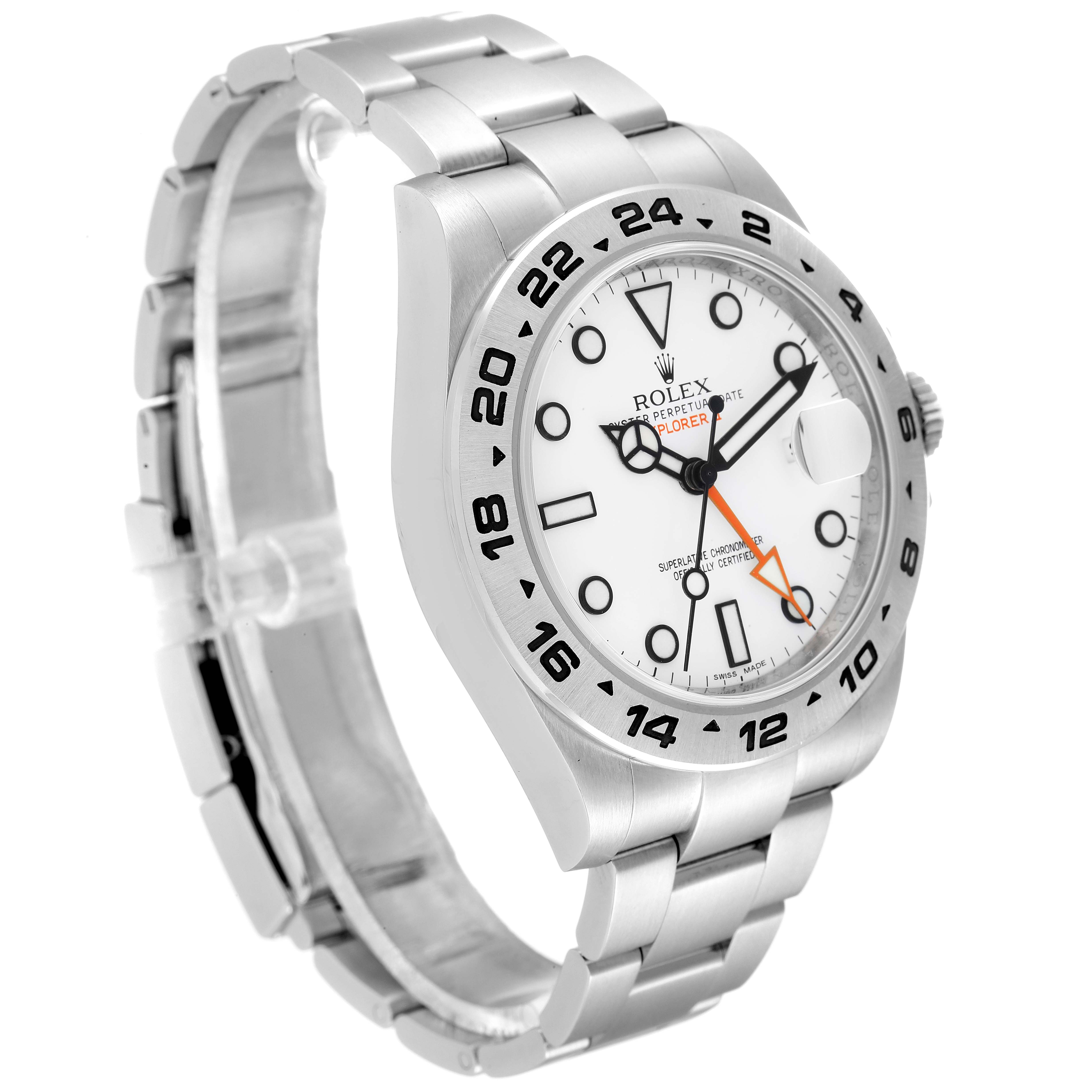 The image shows a side angle of a Rolex Explorer 216570 Men
s Stainless Steel White Dial 216570 Men
s Stainless Steel White Dial watch, highlighting its face, bezel, bracelet, and crown.