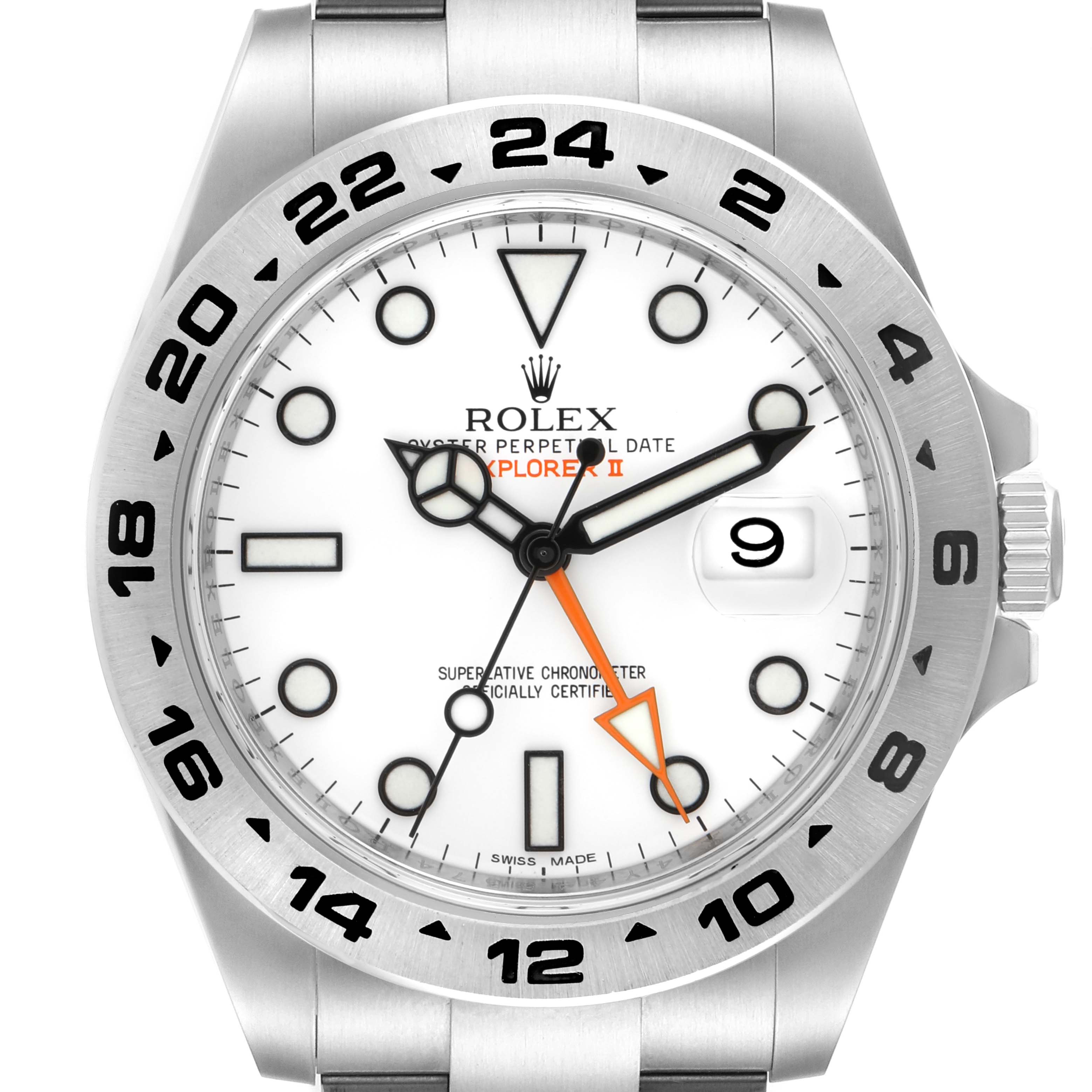 The image shows a front view of the Rolex Explorer 216570 Men
s Stainless Steel White Dial 216570 Men
s Stainless Steel White Dial watch, highlighting the dial, hands, and bezel.