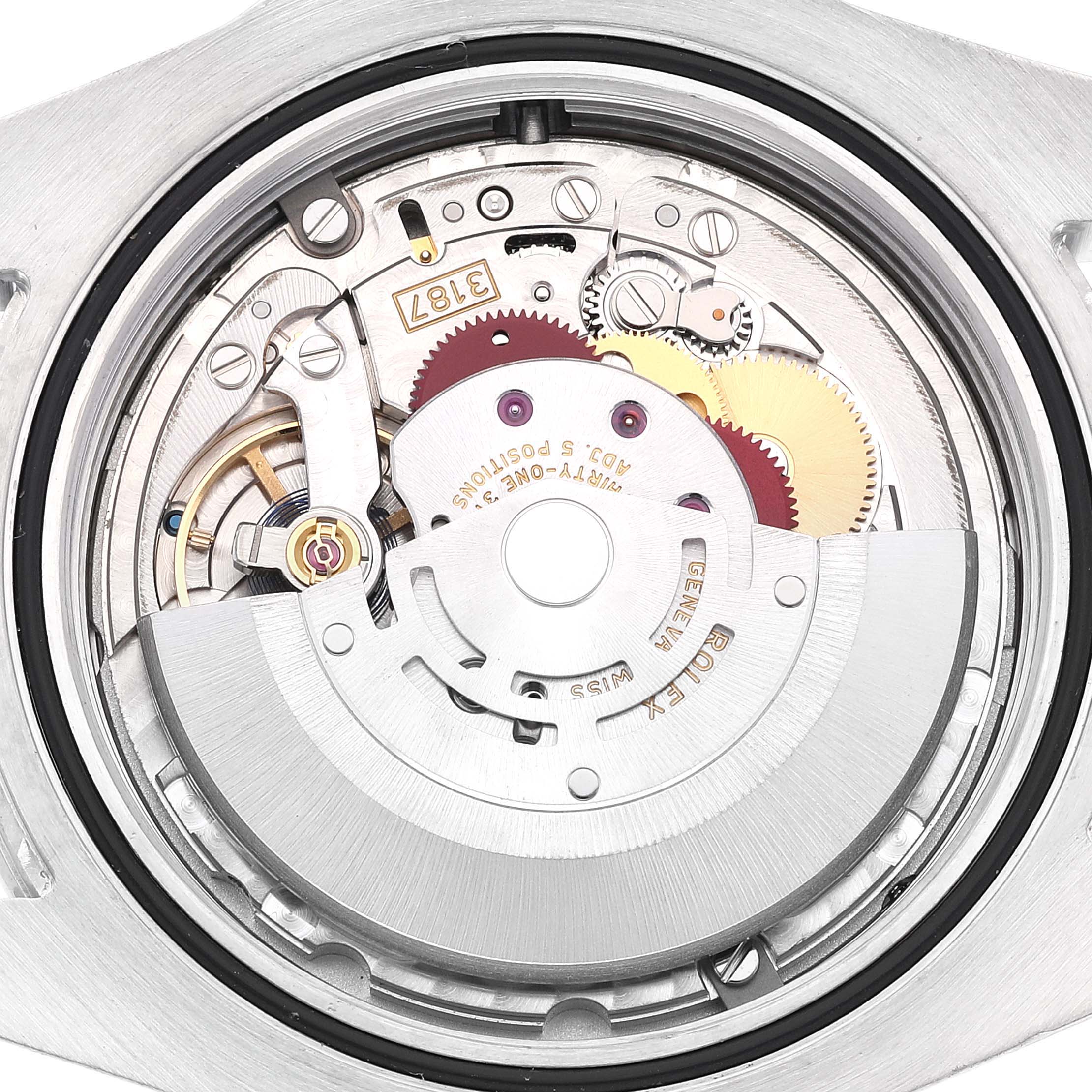 The image shows the intricate internal movement mechanism of the Rolex Explorer 216570 Men
s Stainless Steel White Dial 216570 Men
s Stainless Steel White Dial watch from a top-down angle.