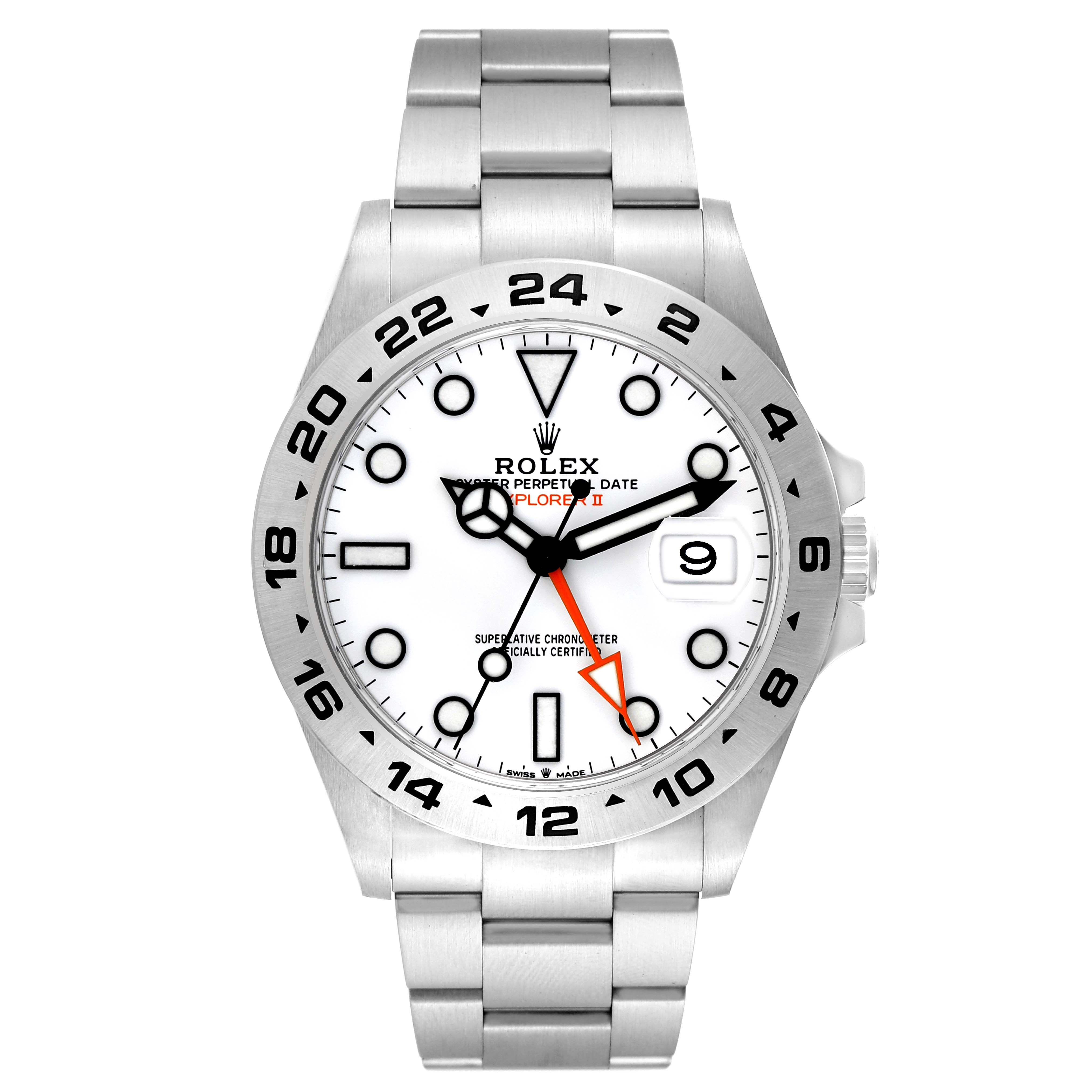The image shows a front view of a Rolex Explorer 226570 Men's Stainless Steel White Dial 226570 Men's Stainless Steel White Dial watch, displaying its white dial, steel bracelet, and bezel.