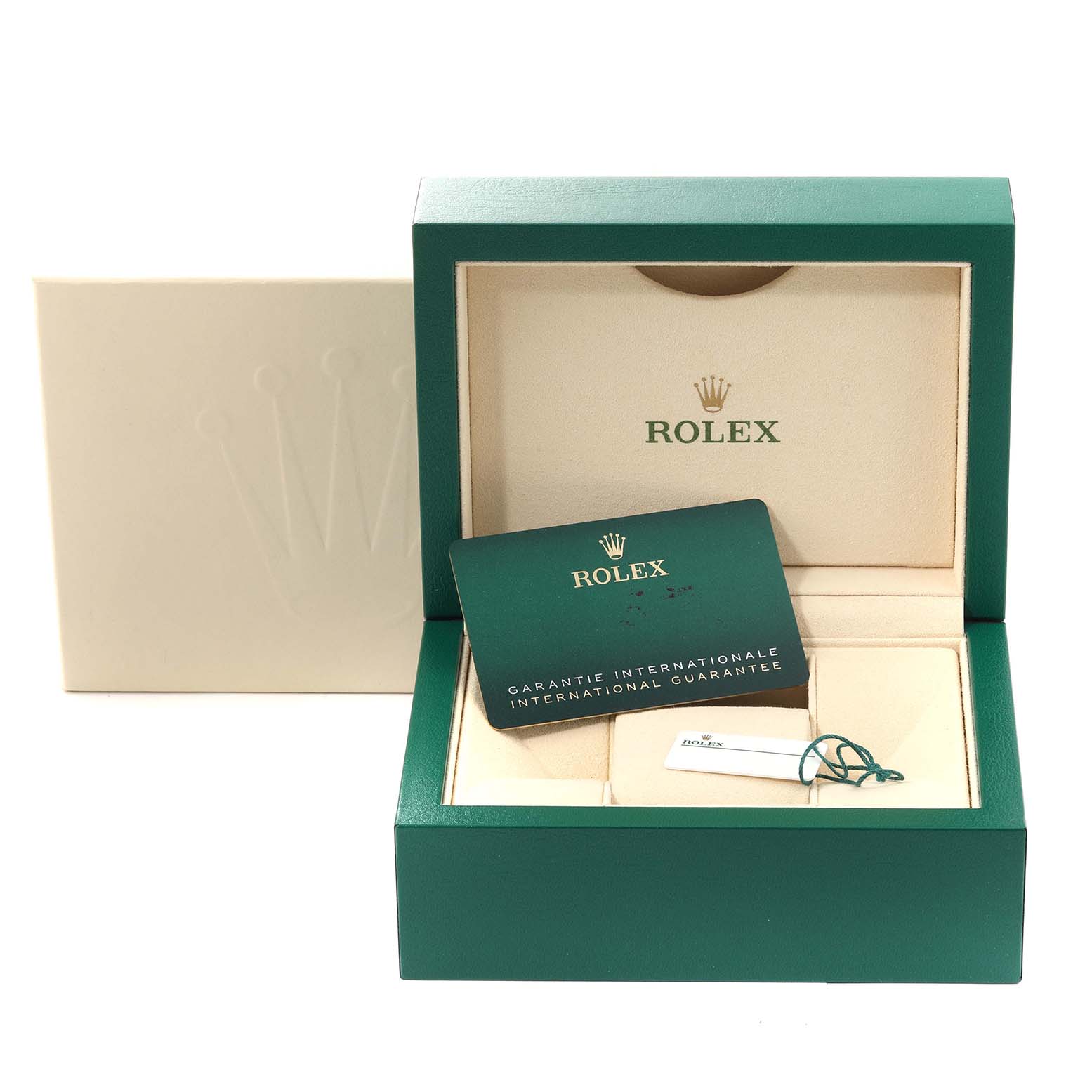 The image shows the open packaging box of a Rolex Explorer 226570 Men's Stainless Steel White Dial 226570 Men's Stainless Steel White Dial model watch including the international guarantee card.