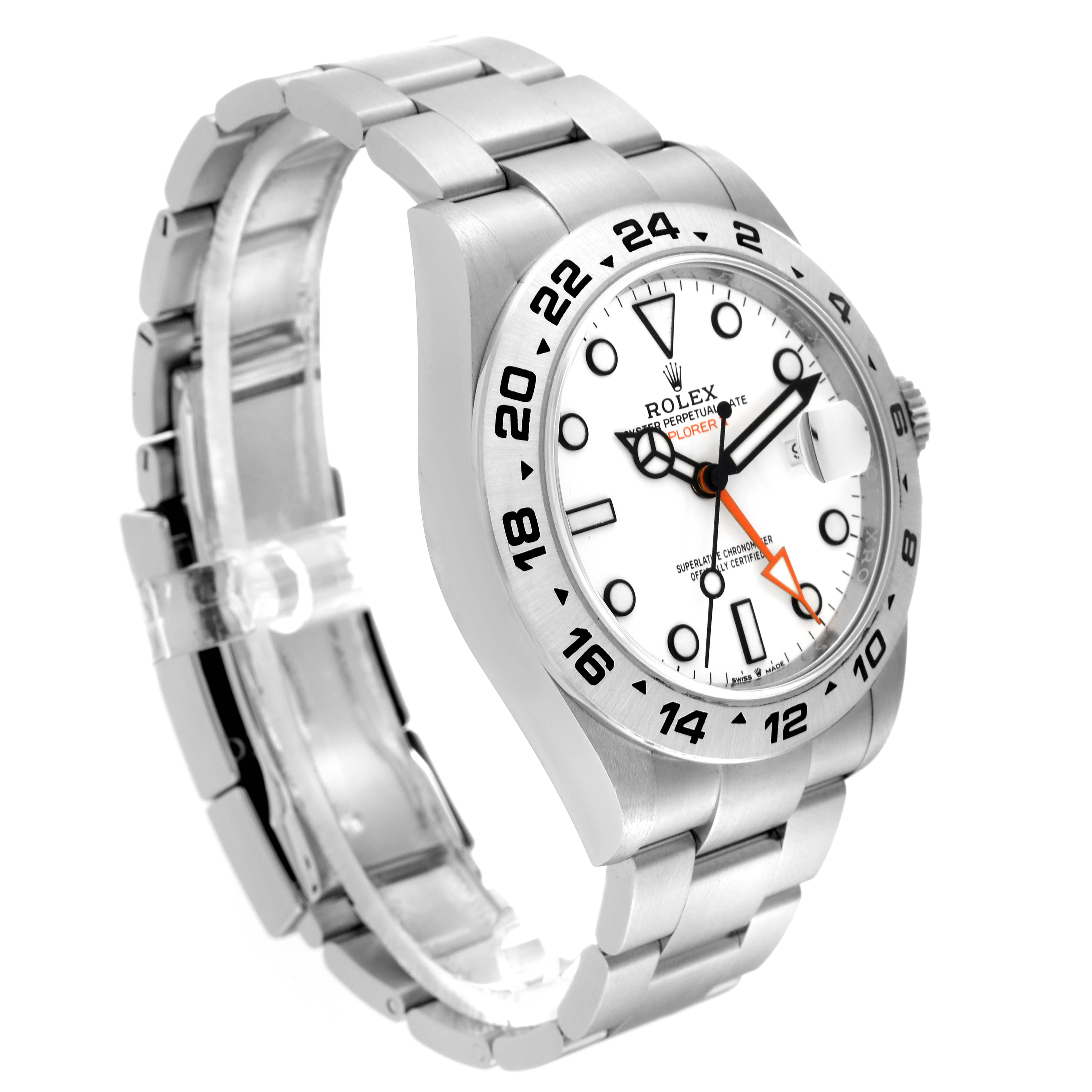 The Rolex Explorer 226570 Men's Stainless Steel White Dial 226570 Men's Stainless Steel White Dial watch is shown at an angled view displaying the bracelet, dial, bezel, and crown.