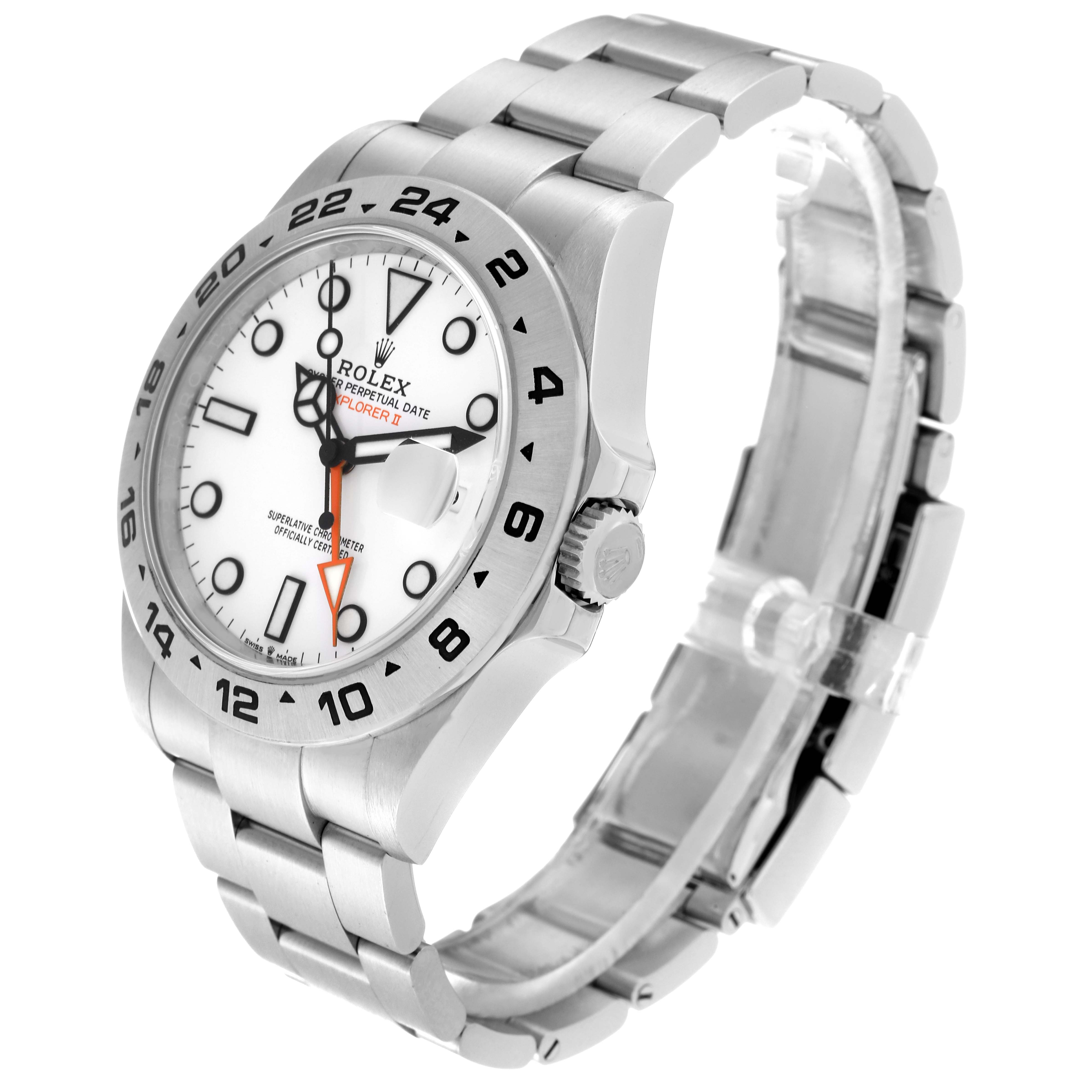 The image shows a Rolex Explorer 226570 Men's Stainless Steel White Dial 226570 Men's Stainless Steel White Dial watch at a right angle, highlighting the dial, bezel, crown, and bracelet.
