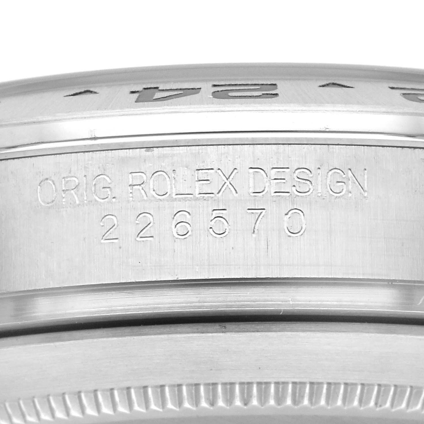 This image shows a close-up of the case side and engraving of the Rolex Explorer 226570 Men's Stainless Steel White Dial 226570 Men's Stainless Steel White Dial model, highlighting the design and serial number.