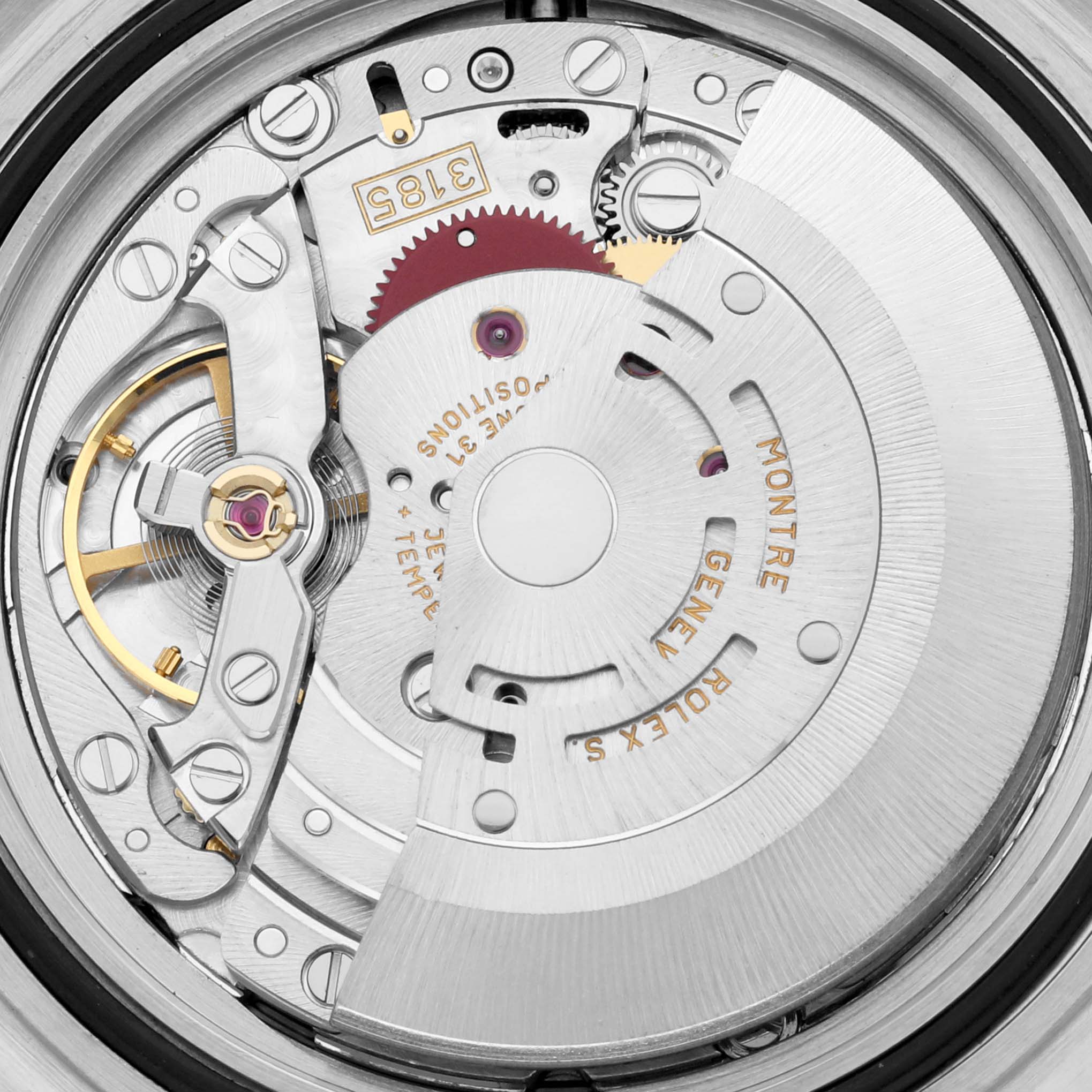 The image shows a close-up of the movement mechanism of a Rolex Explorer 16570 Men's Stainless Steel White Dial 16570 Men's Stainless Steel White Dial watch, highlighting its intricate components.