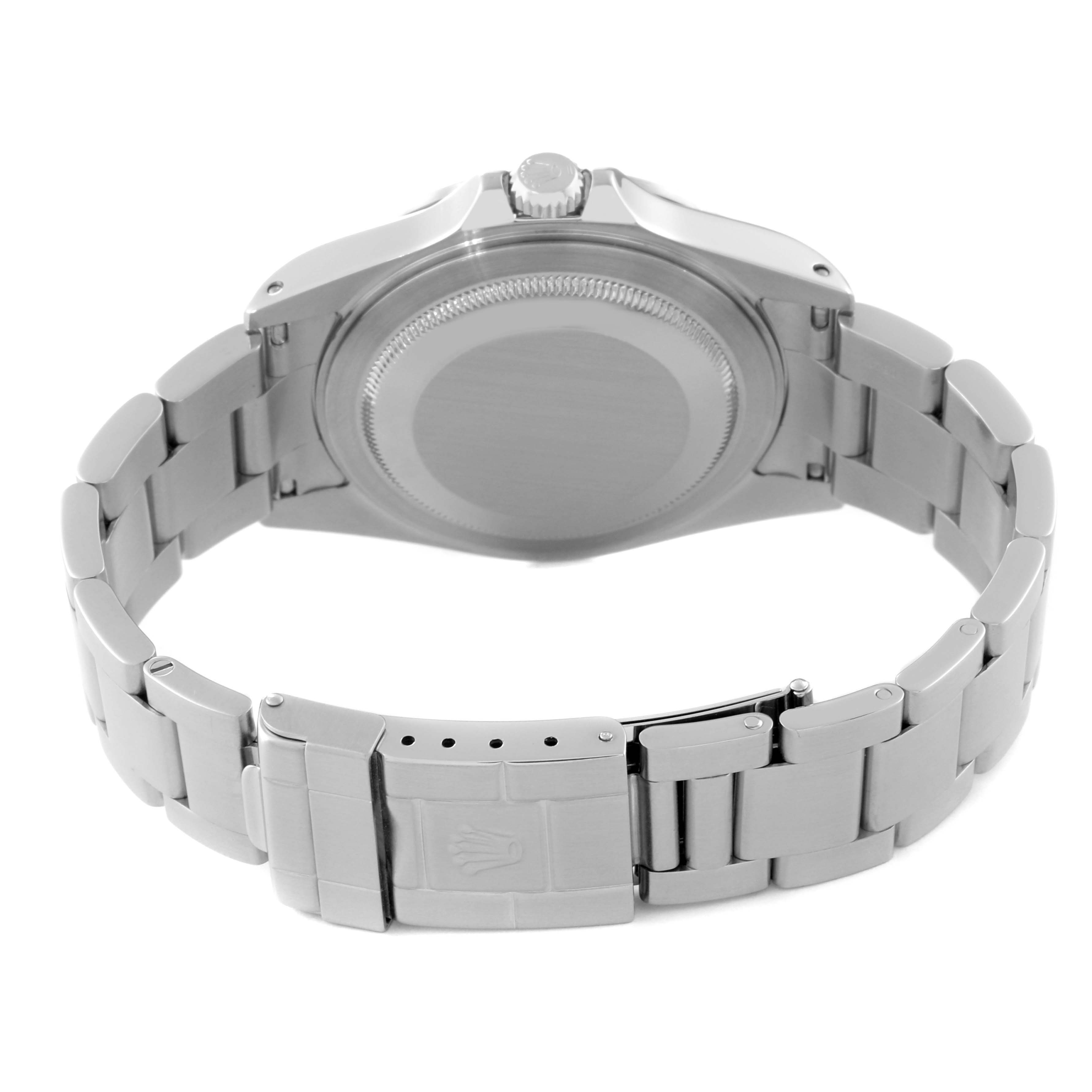 This image shows the back case and bracelet of the Rolex Explorer 16570 Men's Stainless Steel White Dial 16570 Men's Stainless Steel White Dial watch, including the clasp and crown.